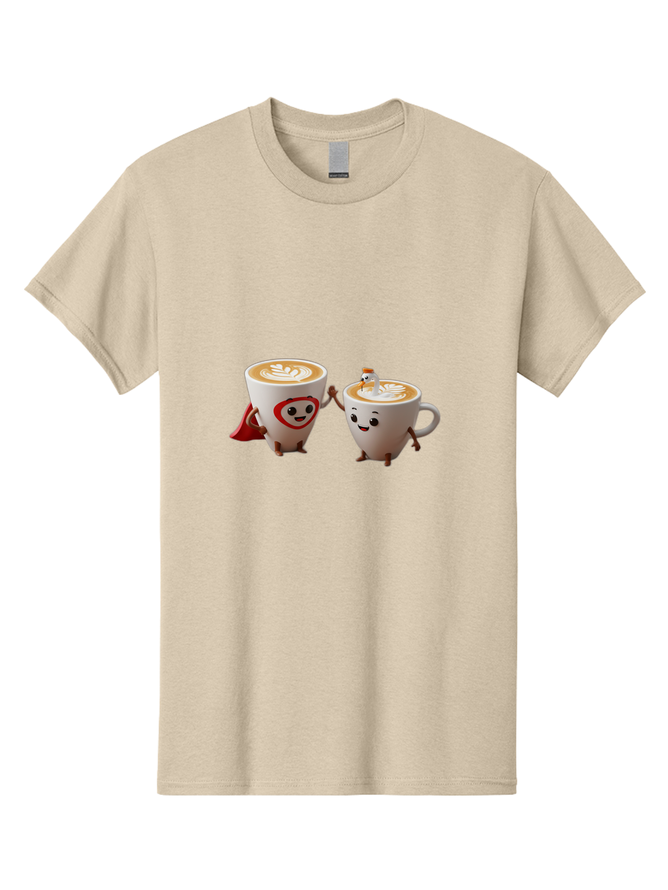 Cappuccino-Friends Men'S Graphic Tee, 100% Cotton, Comfortable Casual Summer Wear, Machine Washable, Cartoon Coffee Cups, Anthropomorphic Coffee, Latte Art, Coffee Lovers, Friendly Cups, Holding Hands, Cute Characters, Cartoon Illustrations, Bab711
