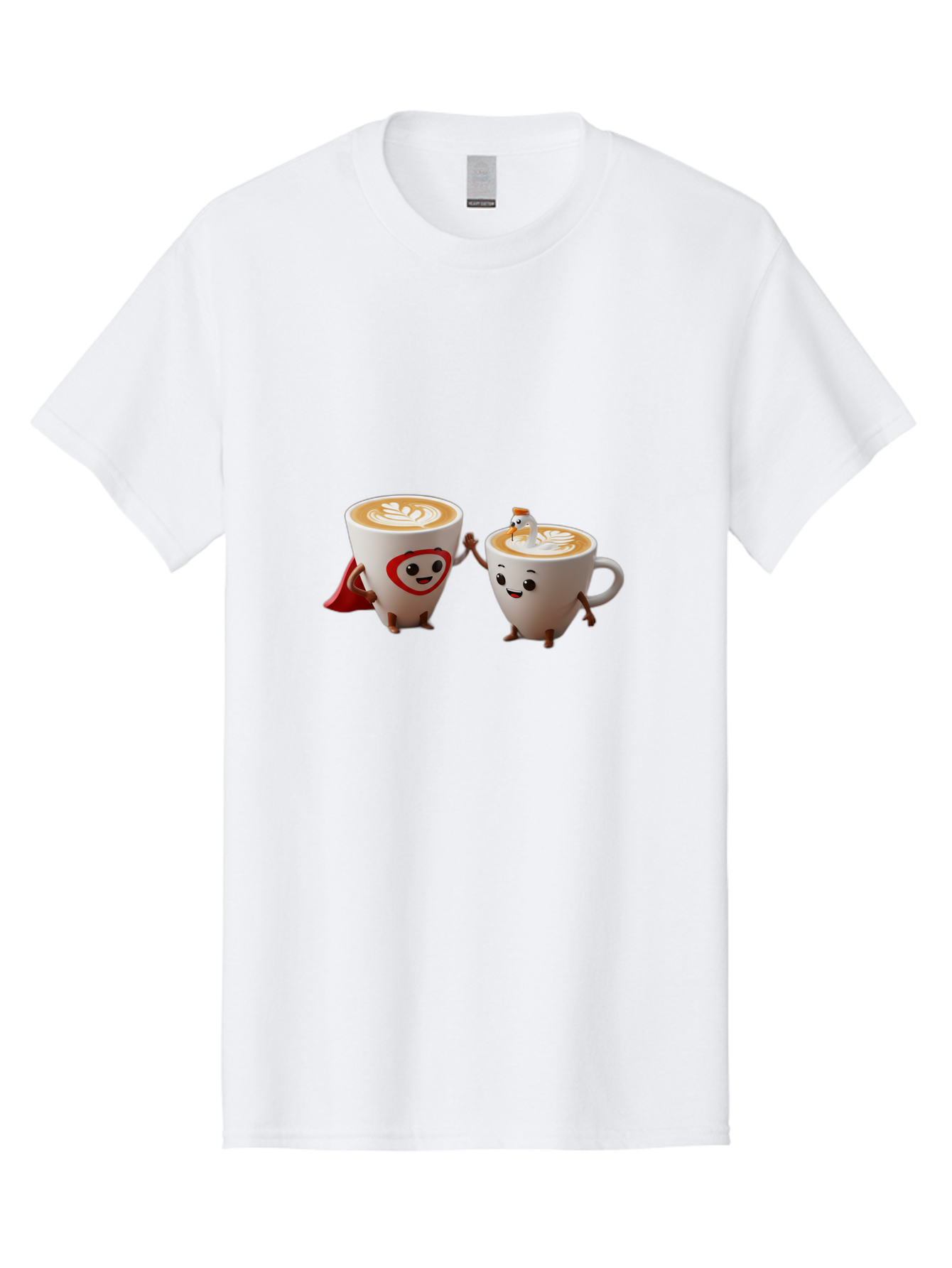 Cappuccino-Friends Men'S Graphic Tee, 100% Cotton, Comfortable Casual Summer Wear, Machine Washable, Cartoon Coffee Cups, Anthropomorphic Coffee, Latte Art, Coffee Lovers, Friendly Cups, Holding Hands, Cute Characters, Cartoon Illustrations, Bab711