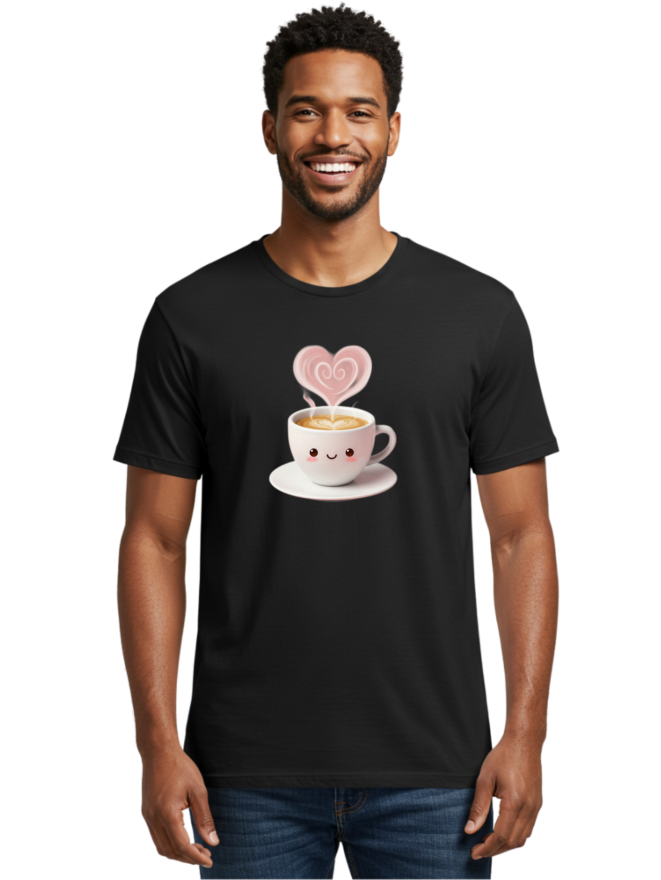 Cappuccino-Heart Men'S Graphic Tee, 100% Cotton, Comfortable Casual Summer Wear, Machine Washable, Cute Coffee Cup, Coffee Art, Heart Design, Steaming Hot Coffee, Coffee Lover, Latte Art, Morning Coffee, Happy Face, Coffee Break, Bab712