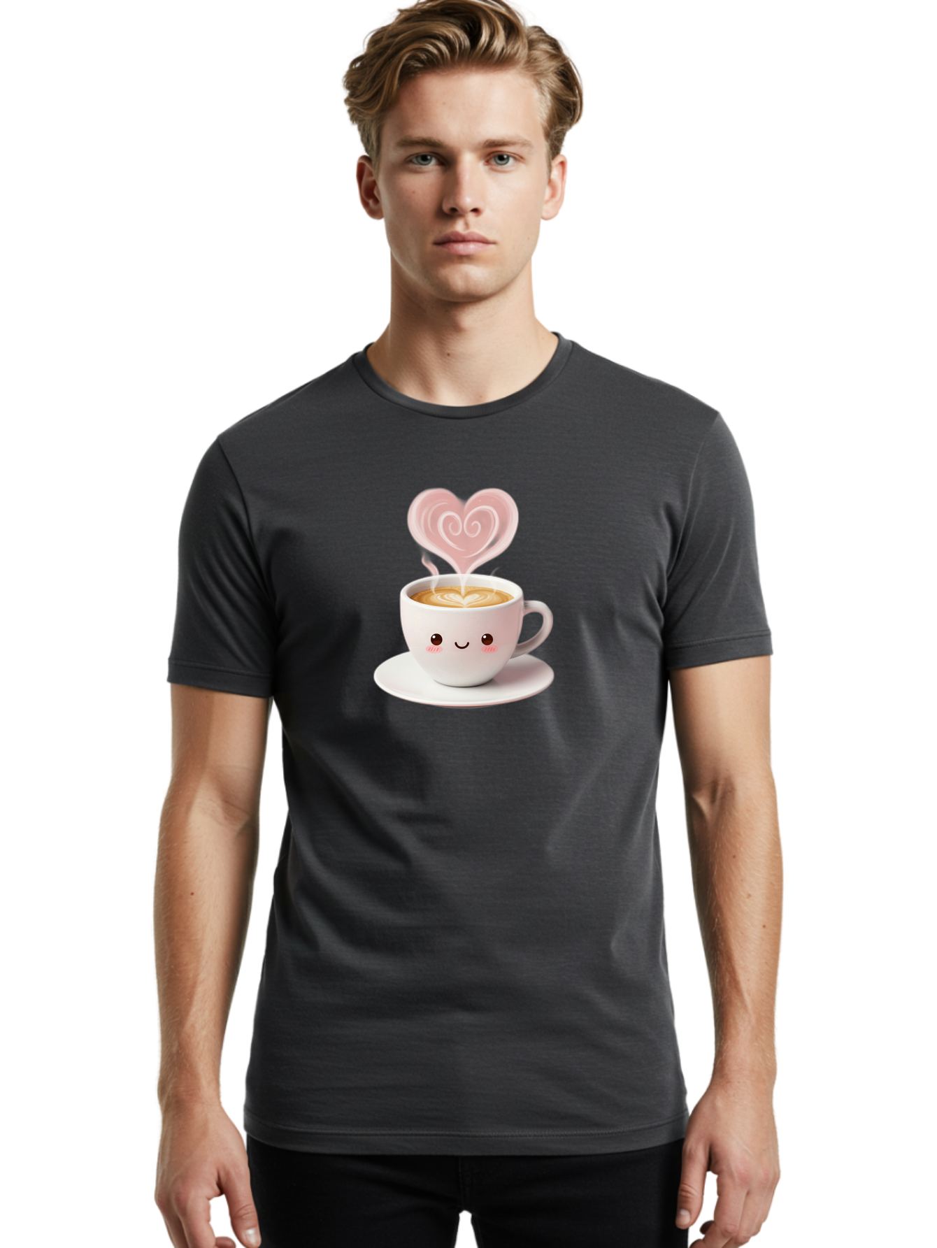 Cappuccino-Heart Men'S Graphic Tee, 100% Cotton, Comfortable Casual Summer Wear, Machine Washable, Cute Coffee Cup, Coffee Art, Heart Design, Steaming Hot Coffee, Coffee Lover, Latte Art, Morning Coffee, Happy Face, Coffee Break, Bab712