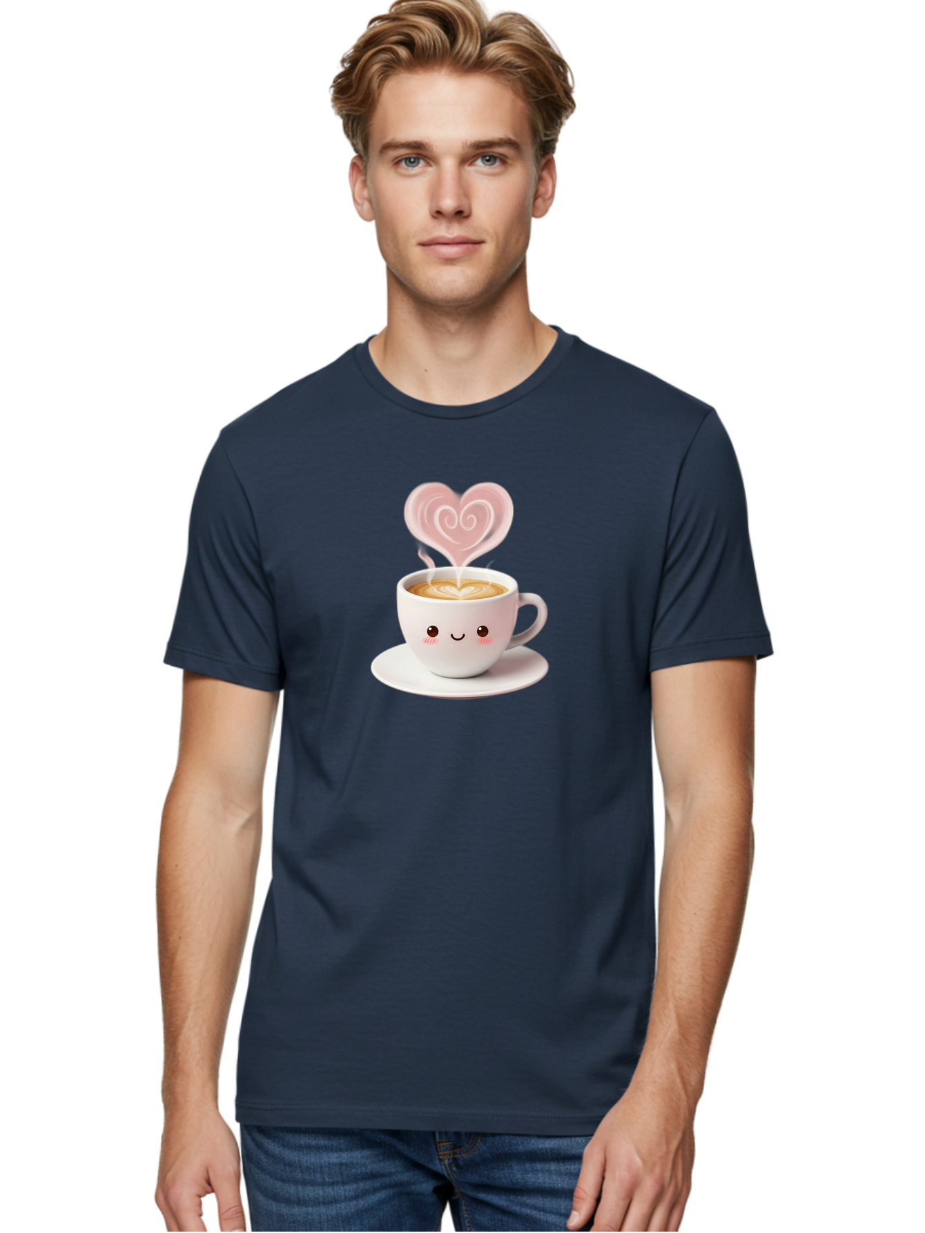 Cappuccino-Heart Men'S Graphic Tee, 100% Cotton, Comfortable Casual Summer Wear, Machine Washable, Cute Coffee Cup, Coffee Art, Heart Design, Steaming Hot Coffee, Coffee Lover, Latte Art, Morning Coffee, Happy Face, Coffee Break, Bab712