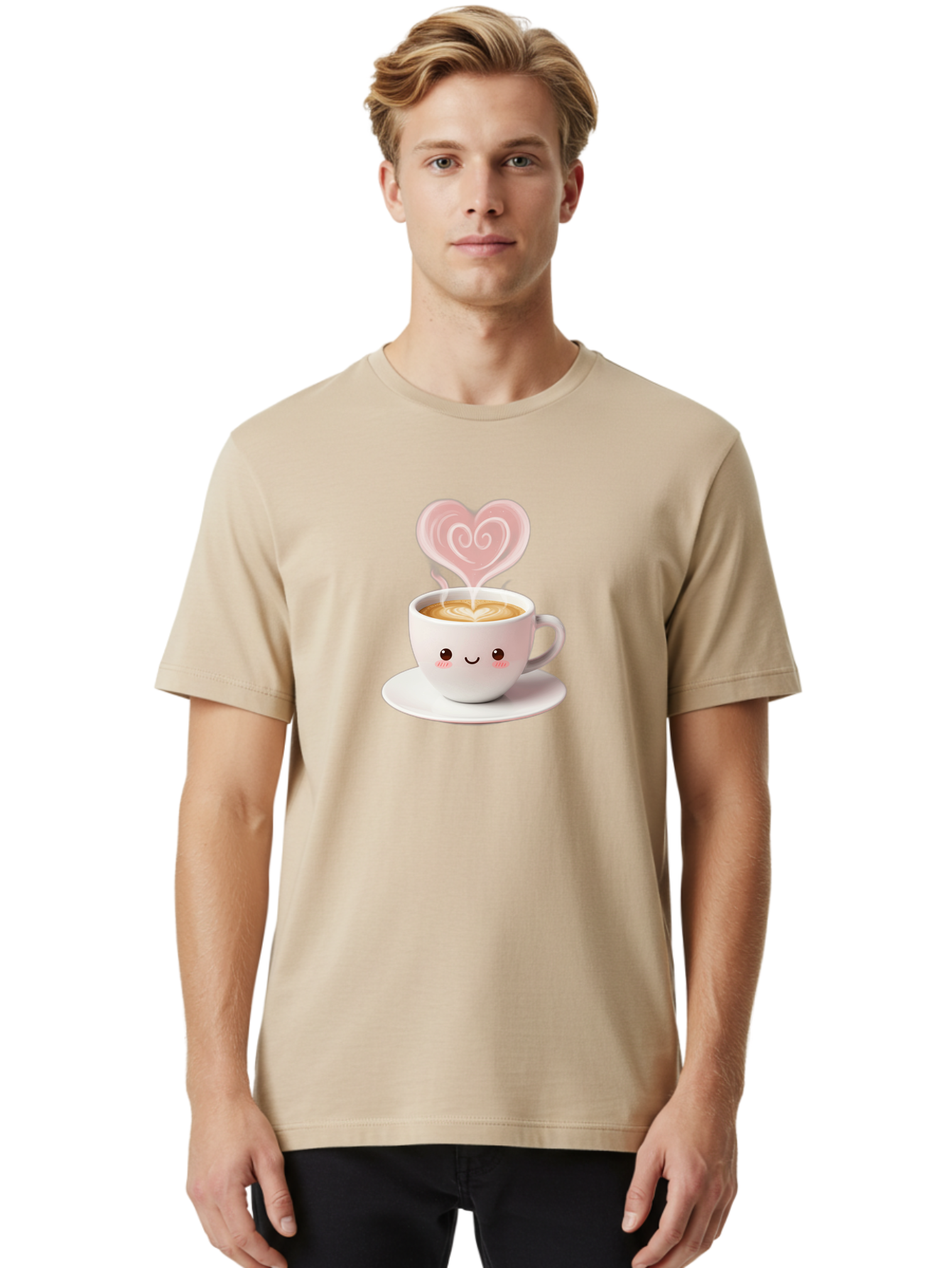 Cappuccino-Heart Men'S Graphic Tee, 100% Cotton, Comfortable Casual Summer Wear, Machine Washable, Cute Coffee Cup, Coffee Art, Heart Design, Steaming Hot Coffee, Coffee Lover, Latte Art, Morning Coffee, Happy Face, Coffee Break, Bab712