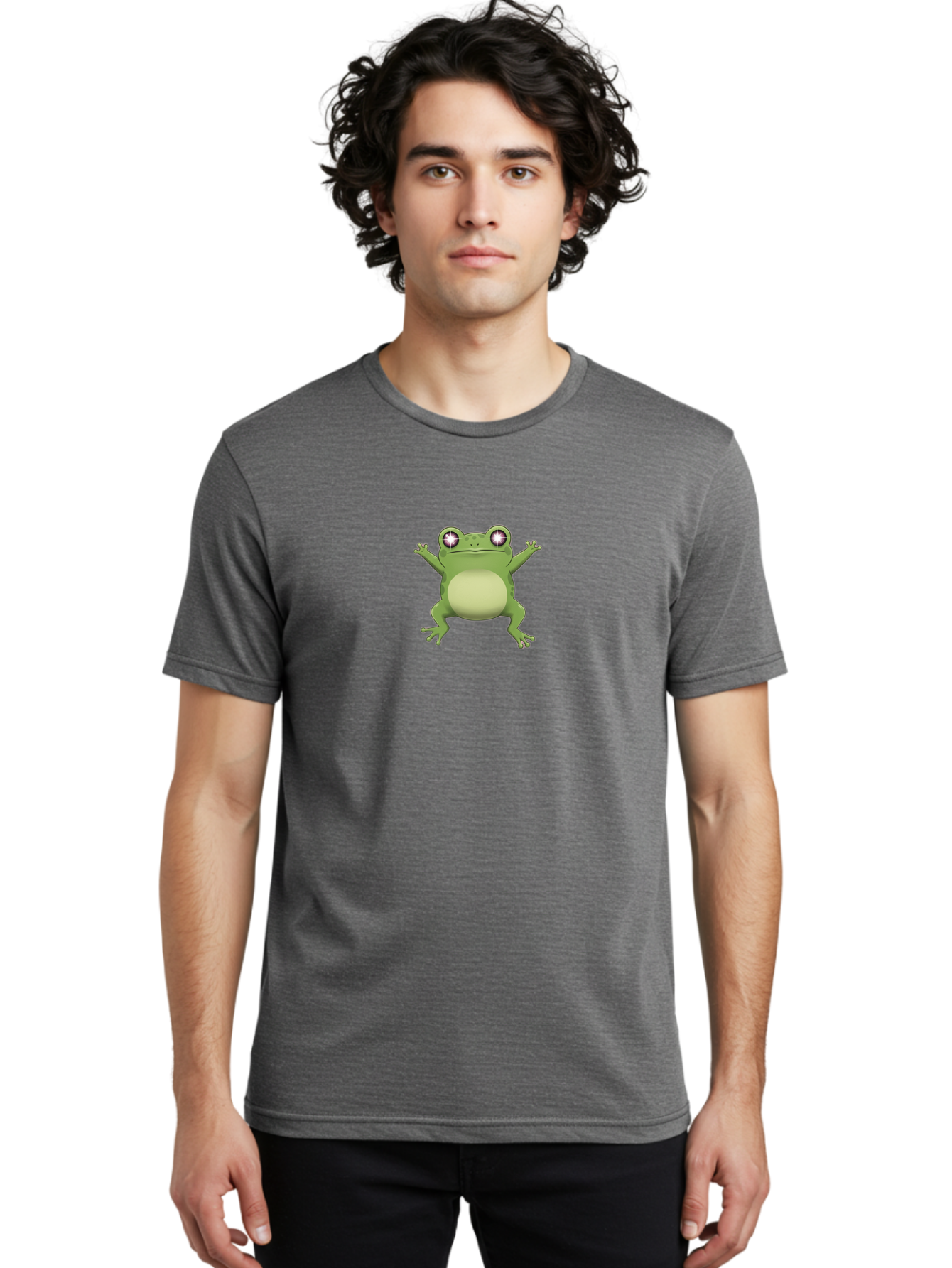 Cartoon-Frog-1 Men'S Graphic Tee, 100% Cotton, Comfortable Casual Summer Wear, Machine Washable, Cartoon Frog, Green Frog, Frog Character, Frog Illustration, Shiny Eyes, Frog Pose, Cute Amphibian, Frog Art, Whimsical Design, Funny Frog, Bab716