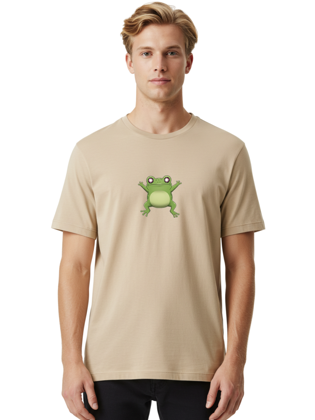 Cartoon-Frog-1 Men'S Graphic Tee, 100% Cotton, Comfortable Casual Summer Wear, Machine Washable, Cartoon Frog, Green Frog, Frog Character, Frog Illustration, Shiny Eyes, Frog Pose, Cute Amphibian, Frog Art, Whimsical Design, Funny Frog, Bab716