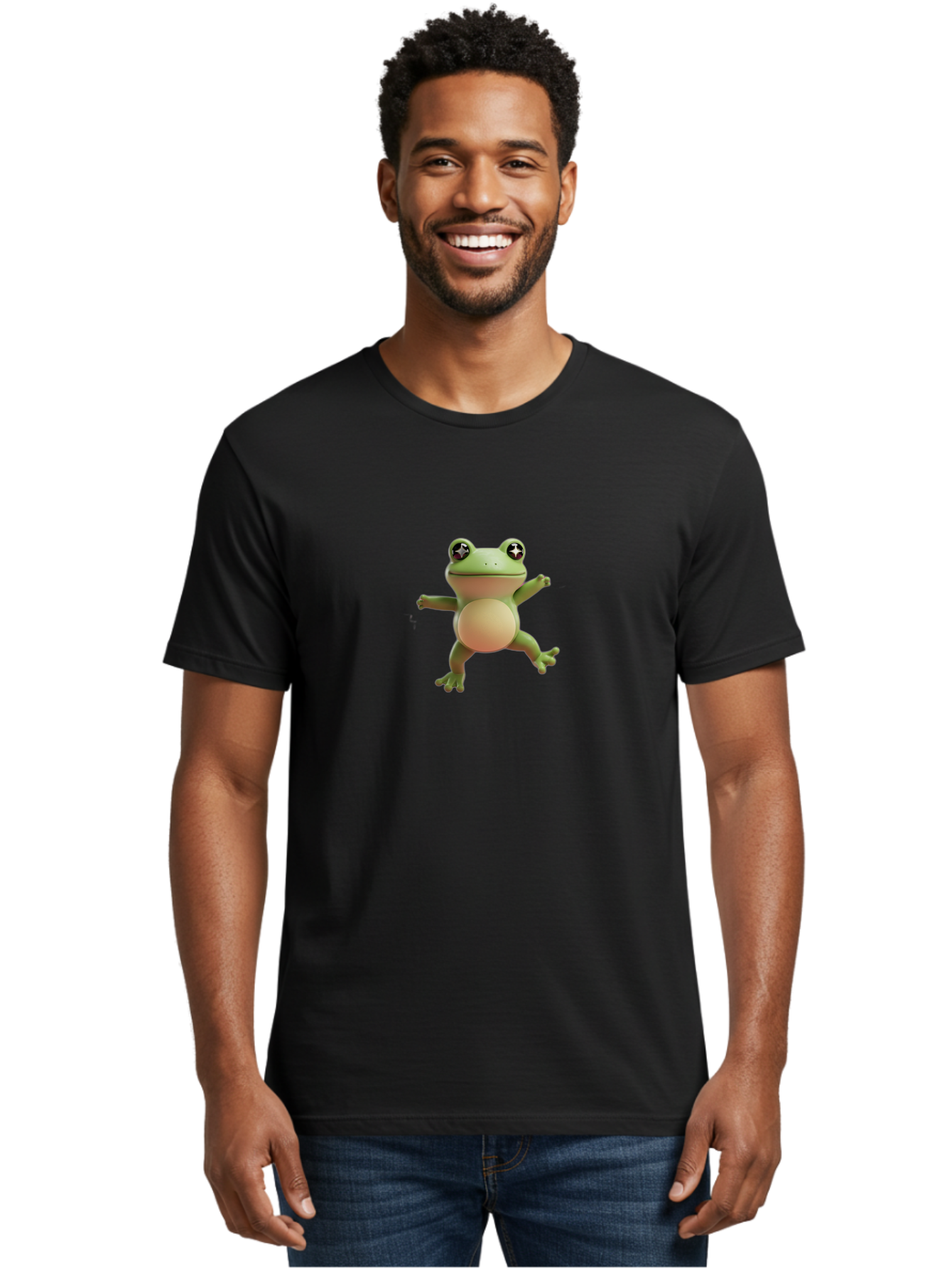 Cartoon-Frog Men'S Graphic Tee, 100% Cotton, Comfortable Casual Summer Wear, Machine Washable, Cartoon Frog, Dancing Frog, Green Frog, Frog With Big Eyes, Star-Eyed Frog, Adorable Amphibian, Funny Animal Character Bab717