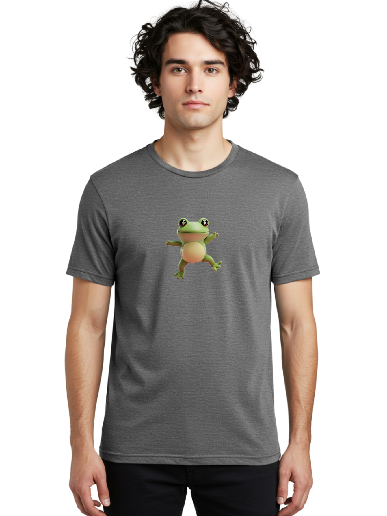 Cartoon-Frog Men'S Graphic Tee, 100% Cotton, Comfortable Casual Summer Wear, Machine Washable, Cartoon Frog, Dancing Frog, Green Frog, Frog With Big Eyes, Star-Eyed Frog, Adorable Amphibian, Funny Animal Character Bab717