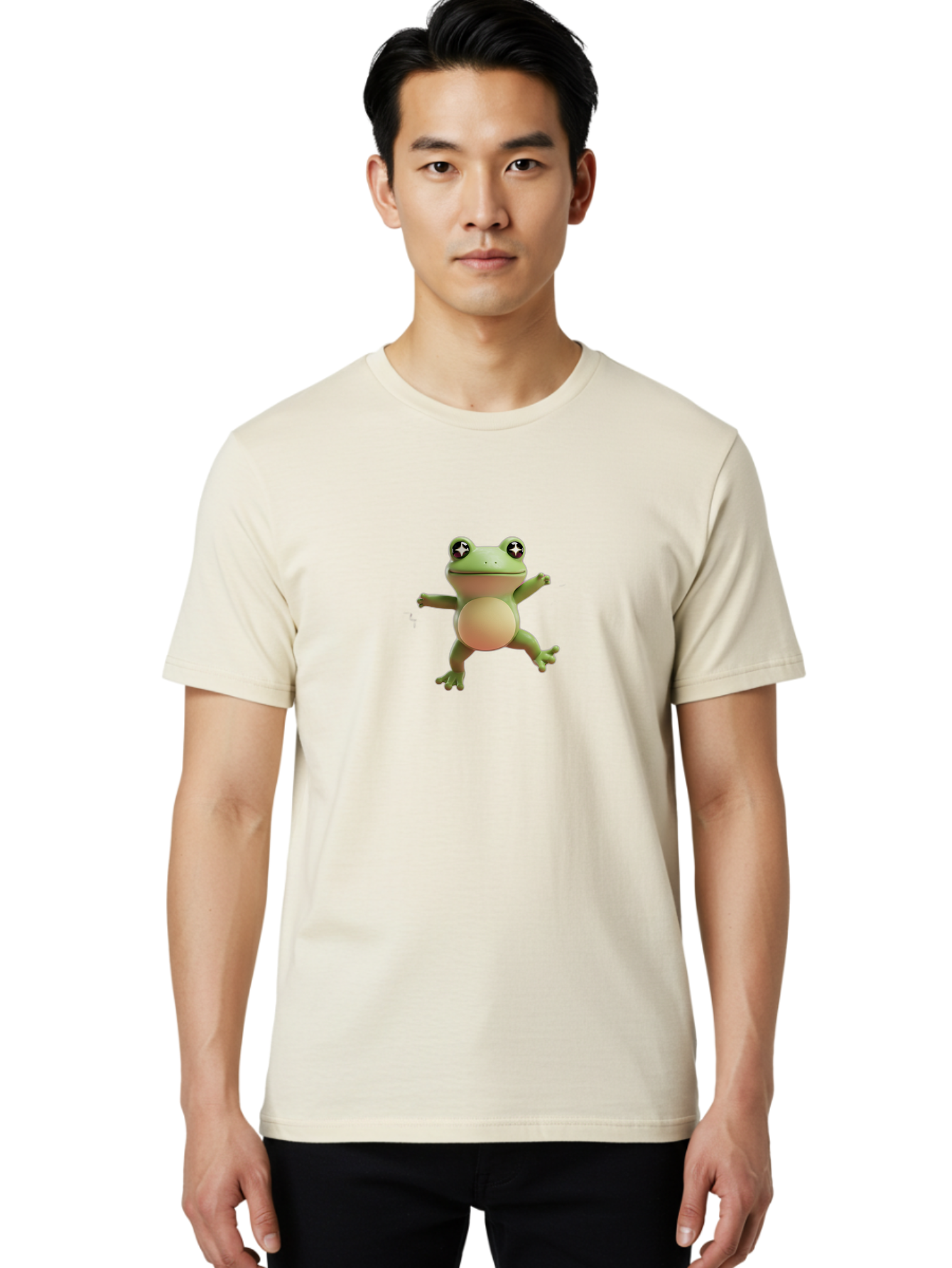 Cartoon-Frog Men'S Graphic Tee, 100% Cotton, Comfortable Casual Summer Wear, Machine Washable, Cartoon Frog, Dancing Frog, Green Frog, Frog With Big Eyes, Star-Eyed Frog, Adorable Amphibian, Funny Animal Character Bab717