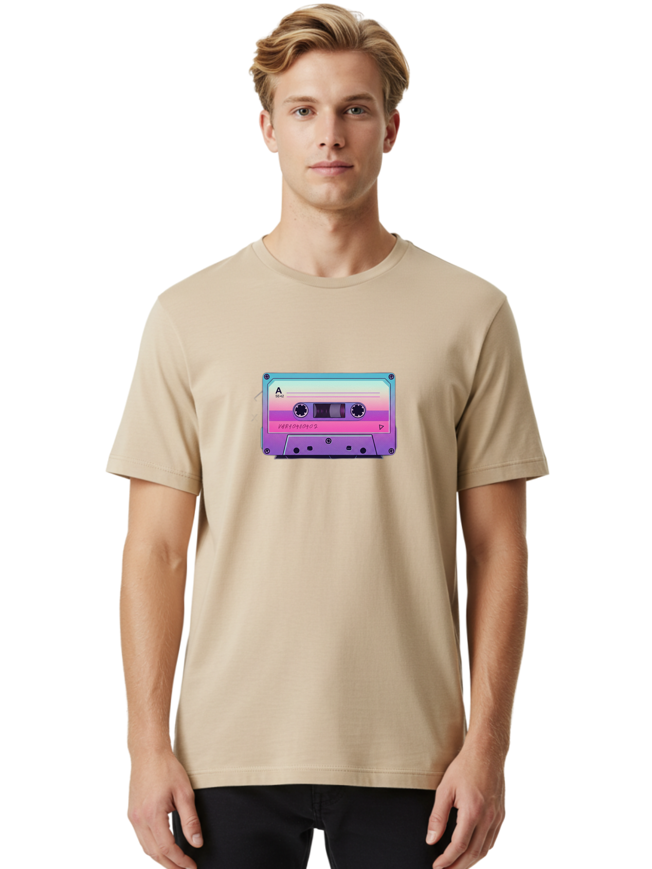 Cassette-Tape Men'S Graphic Tee, 100% Cotton, Comfortable Casual Summer Wear, Machine Washable, Retro Cassette Tape, Vintage Music Format, Nostalgic Tech, 80S And 90S Music, Pastel Colors, Various Artists Mix Tape, Music Lover'S Icon Bab720