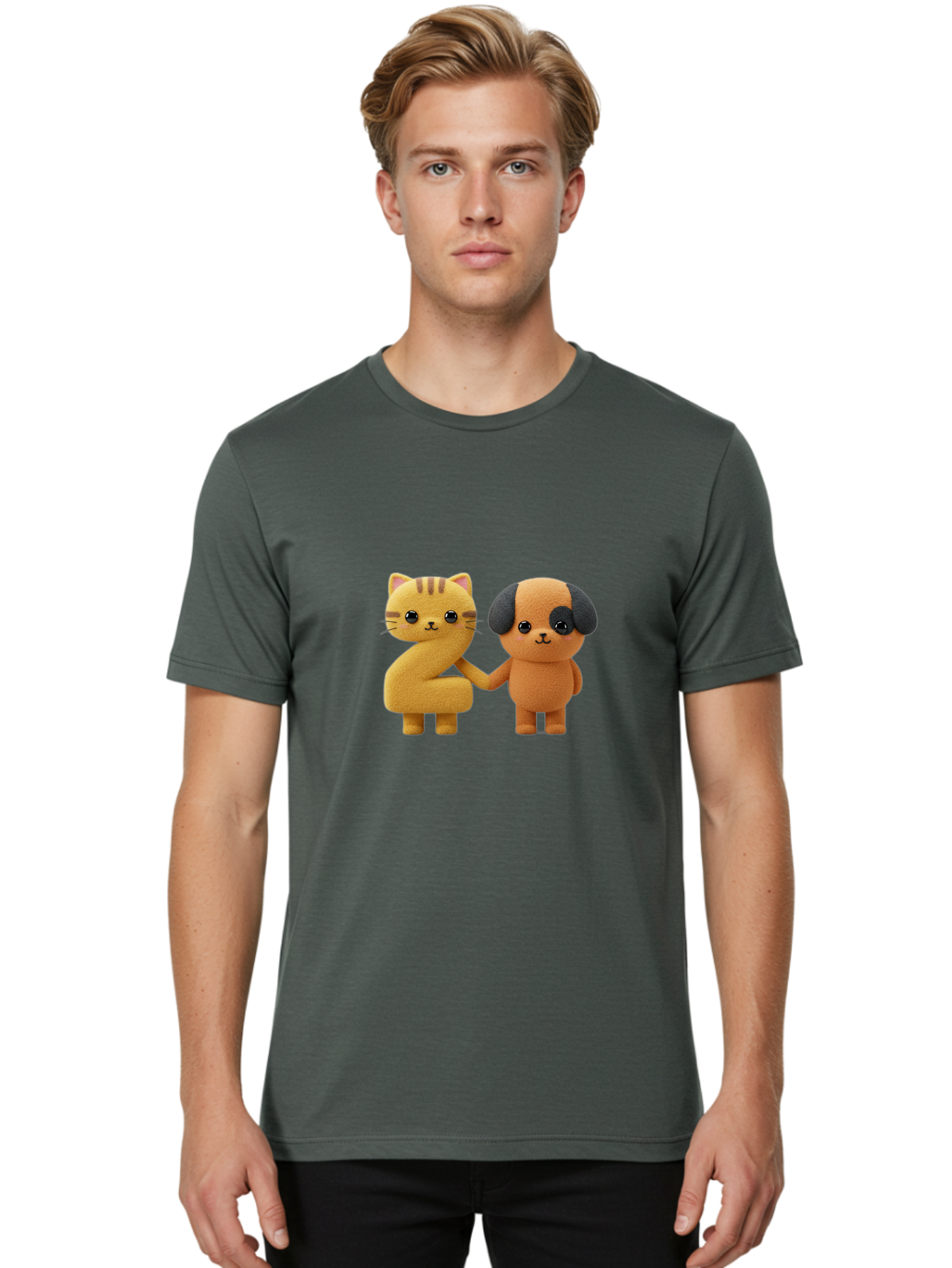 Cat-And-Dog Men'S Graphic Tee, 100% Cotton, Comfortable Casual Summer Wear, Machine Washable, Cartoon Cat, Dog, Holding Hands, Friendship, Cute Animals, Adorable Characters, Kawaii, Cartoon Style, Animal Friends, Funny Pets Bab721