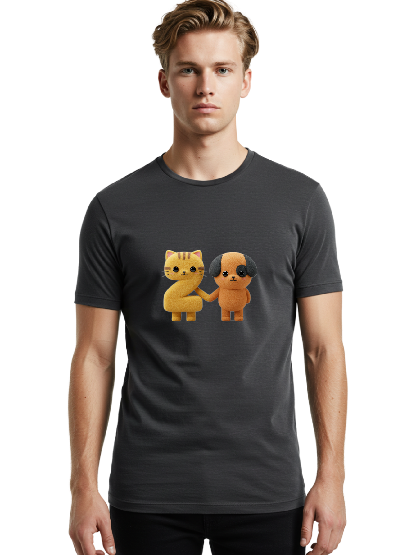 Cat-And-Dog Men'S Graphic Tee, 100% Cotton, Comfortable Casual Summer Wear, Machine Washable, Cartoon Cat, Dog, Holding Hands, Friendship, Cute Animals, Adorable Characters, Kawaii, Cartoon Style, Animal Friends, Funny Pets Bab721