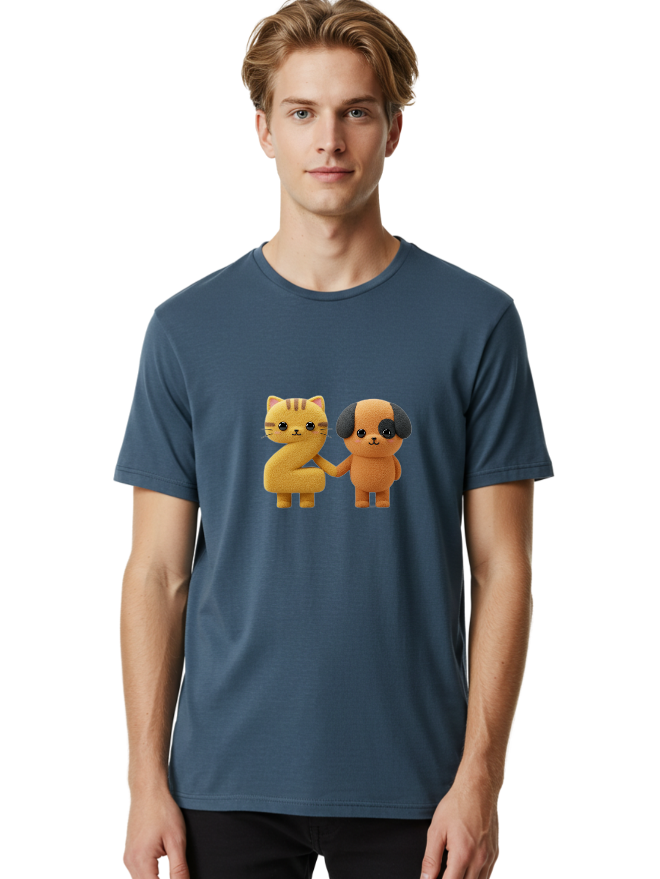 Cat-And-Dog Men'S Graphic Tee, 100% Cotton, Comfortable Casual Summer Wear, Machine Washable, Cartoon Cat, Dog, Holding Hands, Friendship, Cute Animals, Adorable Characters, Kawaii, Cartoon Style, Animal Friends, Funny Pets Bab721