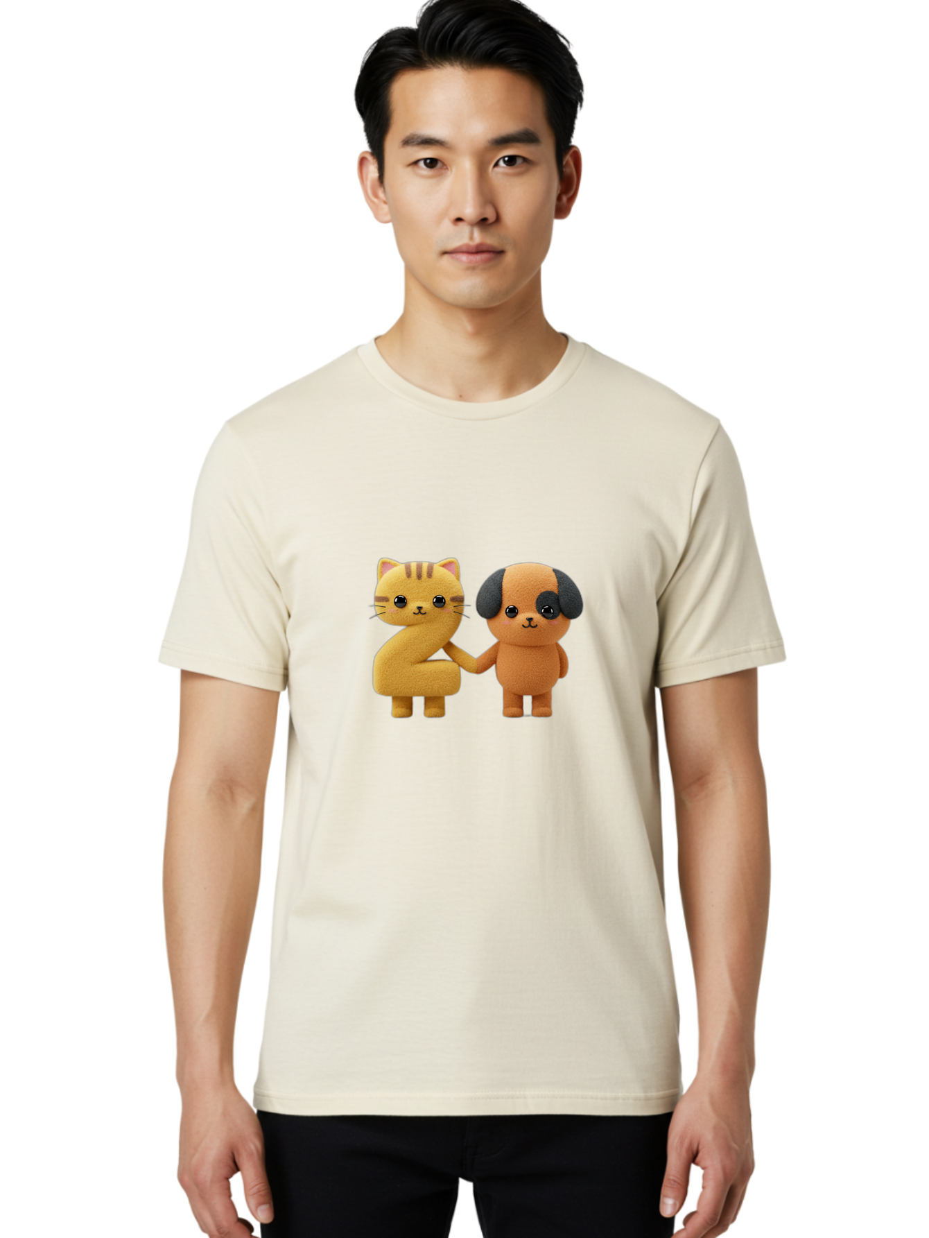 Cat-And-Dog Men'S Graphic Tee, 100% Cotton, Comfortable Casual Summer Wear, Machine Washable, Cartoon Cat, Dog, Holding Hands, Friendship, Cute Animals, Adorable Characters, Kawaii, Cartoon Style, Animal Friends, Funny Pets Bab721