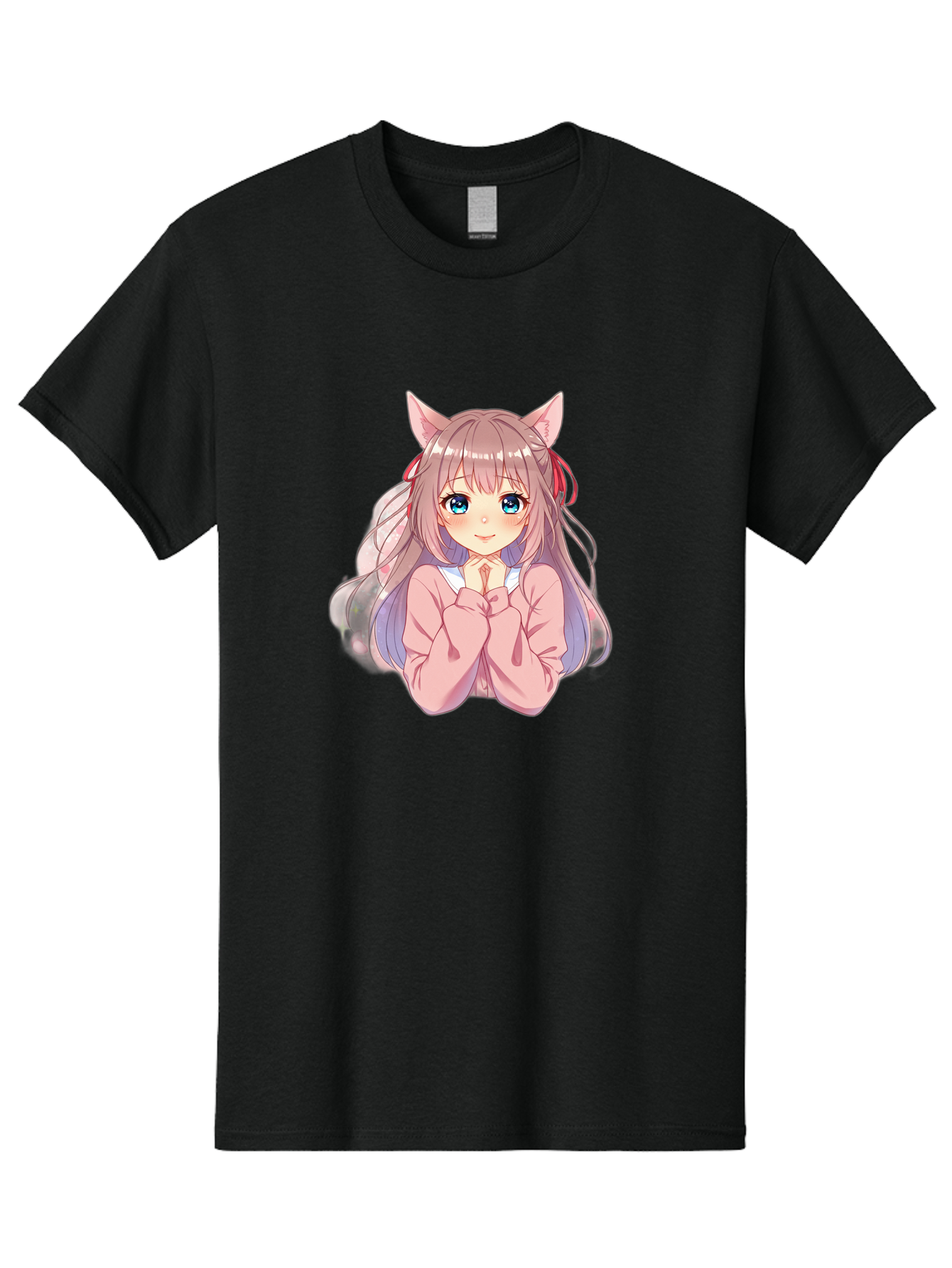 Cat-Girl-Anime-Character Men'S Graphic Tee, 100% Cotton, Comfortable Casual Summer Wear, Machine Washable, Anime Girl, Cat Ears, Pink Sweater, Blue Eyes, Long Hair, Cute Expression, Kawaii Art, Pastel Colors, Cartoon Character, Japanese Manga Bab722