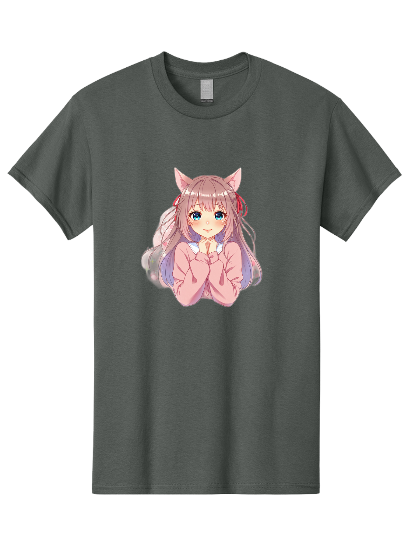 Cat-Girl-Anime-Character Men'S Graphic Tee, 100% Cotton, Comfortable Casual Summer Wear, Machine Washable, Anime Girl, Cat Ears, Pink Sweater, Blue Eyes, Long Hair, Cute Expression, Kawaii Art, Pastel Colors, Cartoon Character, Japanese Manga Bab722