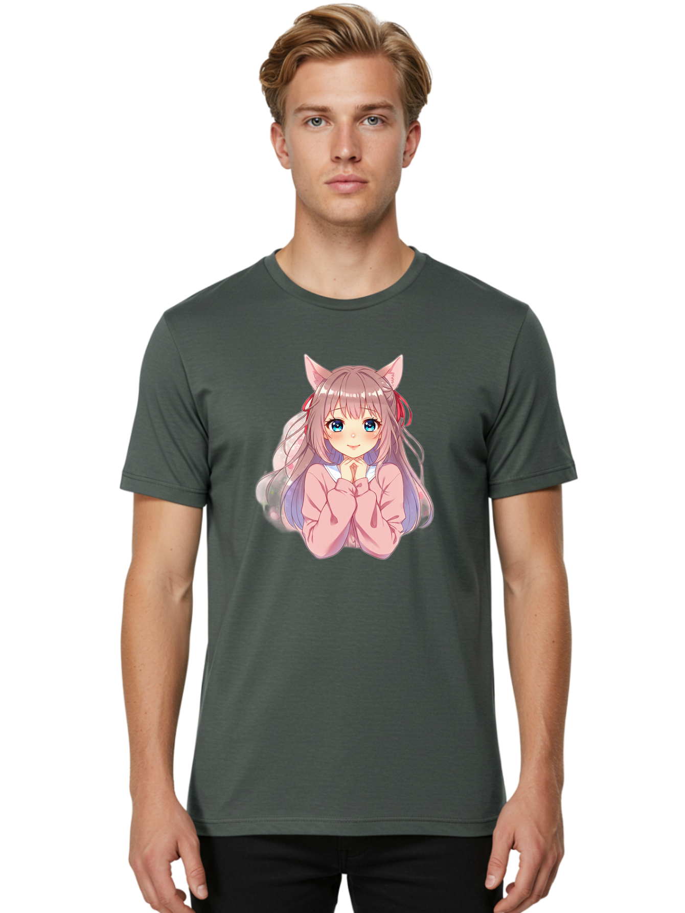 Cat-Girl-Anime-Character Men'S Graphic Tee, 100% Cotton, Comfortable Casual Summer Wear, Machine Washable, Anime Girl, Cat Ears, Pink Sweater, Blue Eyes, Long Hair, Cute Expression, Kawaii Art, Pastel Colors, Cartoon Character, Japanese Manga Bab722