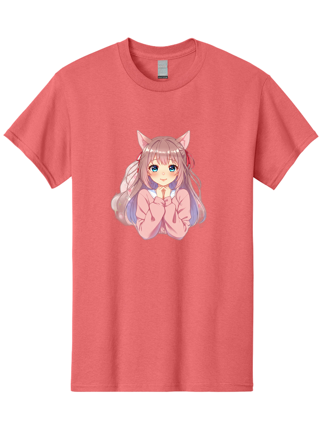 Cat-Girl-Anime-Character Men'S Graphic Tee, 100% Cotton, Comfortable Casual Summer Wear, Machine Washable, Anime Girl, Cat Ears, Pink Sweater, Blue Eyes, Long Hair, Cute Expression, Kawaii Art, Pastel Colors, Cartoon Character, Japanese Manga Bab722