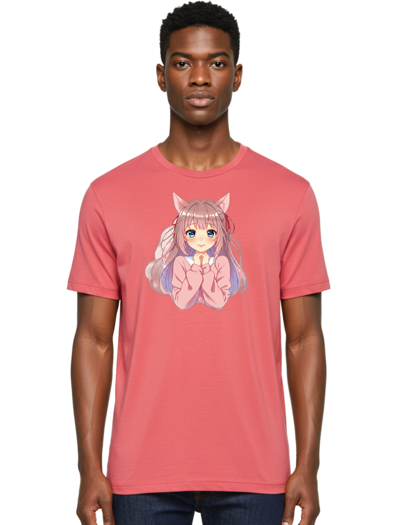 Cat-Girl-Anime-Character Men'S Graphic Tee, 100% Cotton, Comfortable Casual Summer Wear, Machine Washable, Anime Girl, Cat Ears, Pink Sweater, Blue Eyes, Long Hair, Cute Expression, Kawaii Art, Pastel Colors, Cartoon Character, Japanese Manga Bab722