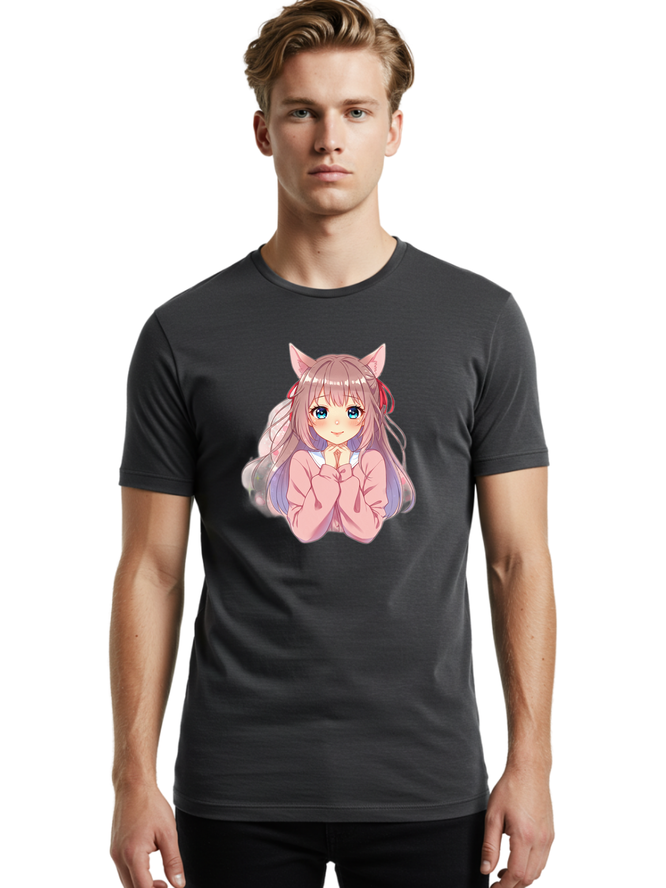 Cat-Girl-Anime-Character Men'S Graphic Tee, 100% Cotton, Comfortable Casual Summer Wear, Machine Washable, Anime Girl, Cat Ears, Pink Sweater, Blue Eyes, Long Hair, Cute Expression, Kawaii Art, Pastel Colors, Cartoon Character, Japanese Manga Bab722
