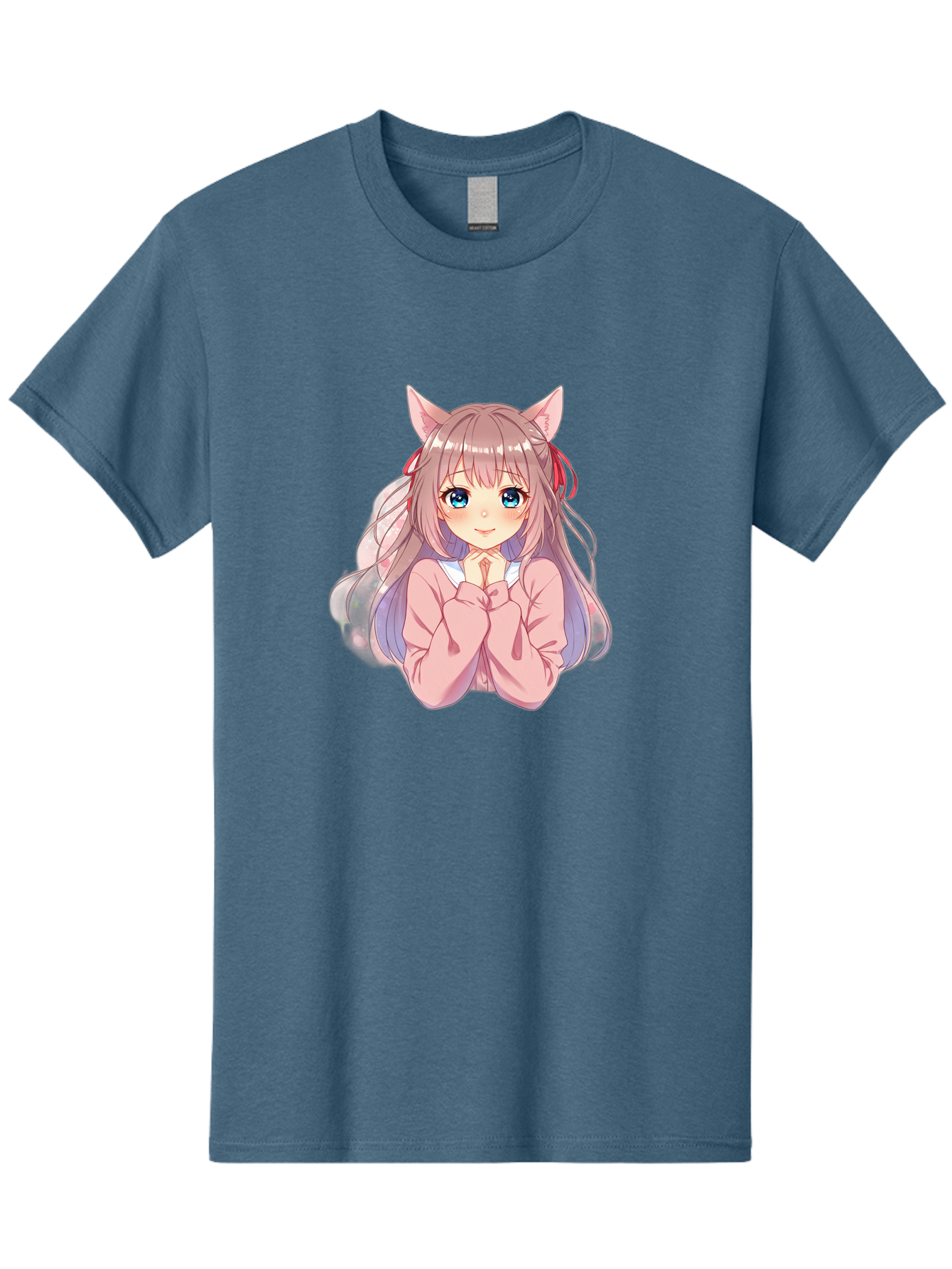 Cat-Girl-Anime-Character Men'S Graphic Tee, 100% Cotton, Comfortable Casual Summer Wear, Machine Washable, Anime Girl, Cat Ears, Pink Sweater, Blue Eyes, Long Hair, Cute Expression, Kawaii Art, Pastel Colors, Cartoon Character, Japanese Manga Bab722