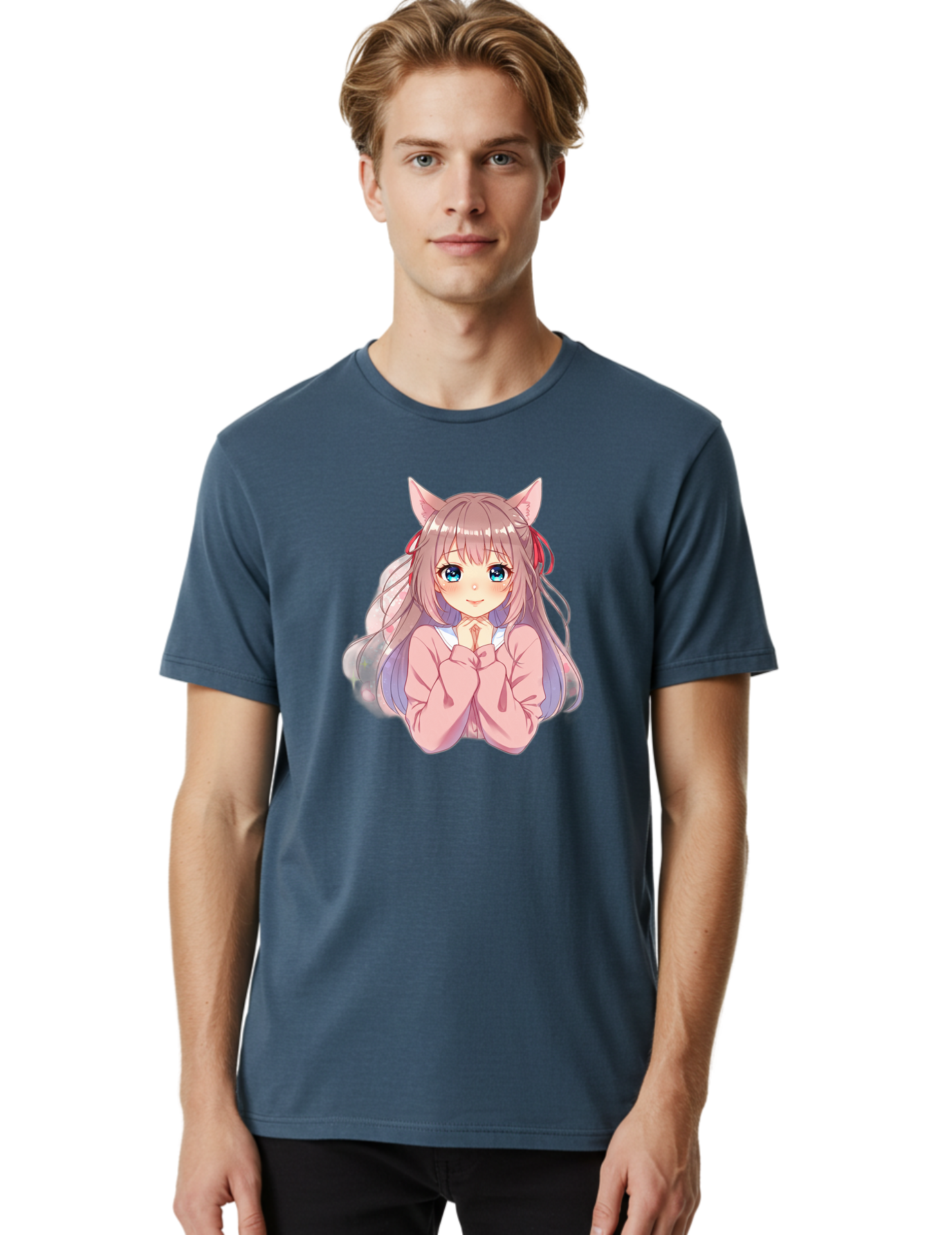 Cat-Girl-Anime-Character Men'S Graphic Tee, 100% Cotton, Comfortable Casual Summer Wear, Machine Washable, Anime Girl, Cat Ears, Pink Sweater, Blue Eyes, Long Hair, Cute Expression, Kawaii Art, Pastel Colors, Cartoon Character, Japanese Manga Bab722