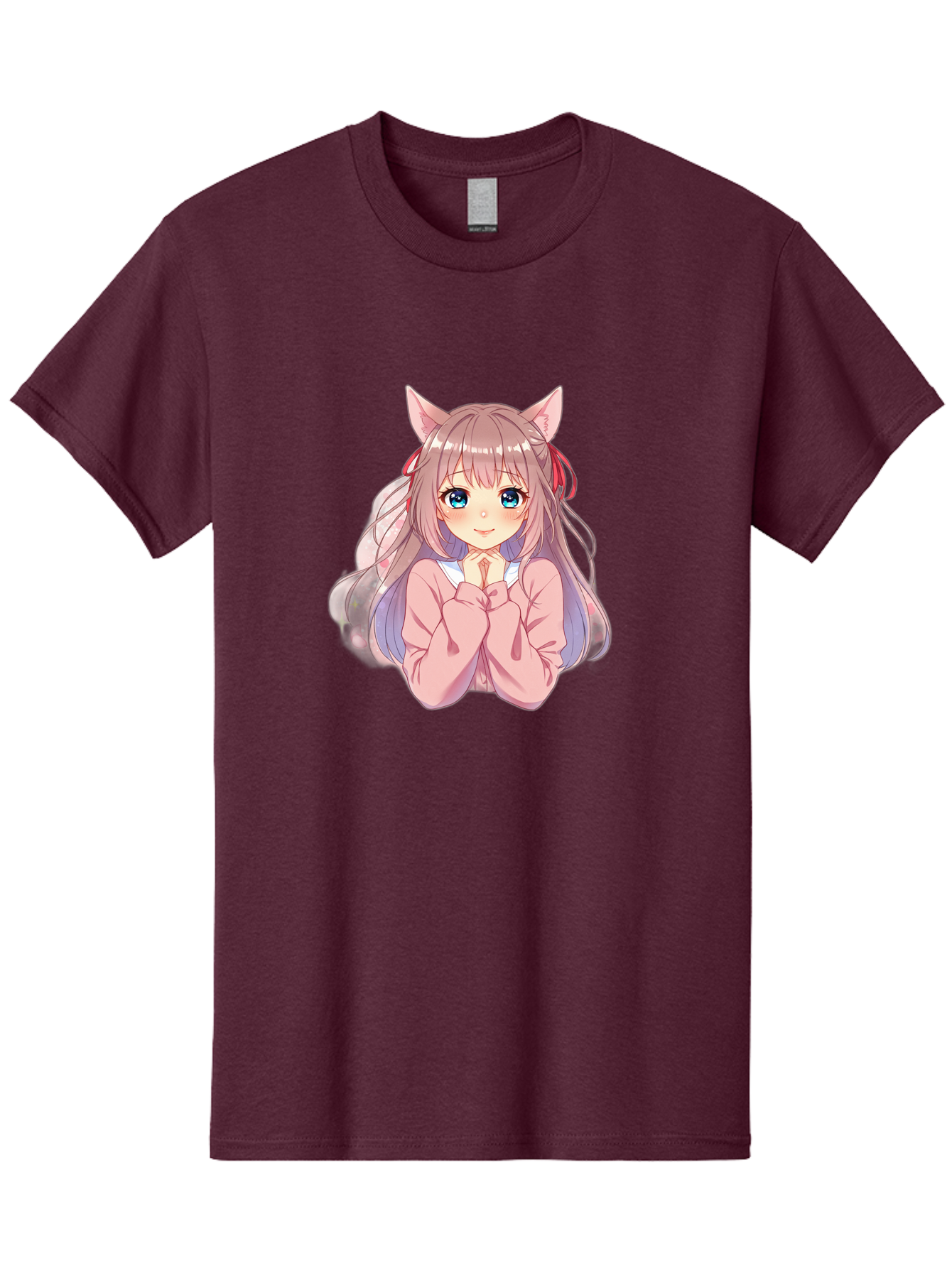 Cat-Girl-Anime-Character Men'S Graphic Tee, 100% Cotton, Comfortable Casual Summer Wear, Machine Washable, Anime Girl, Cat Ears, Pink Sweater, Blue Eyes, Long Hair, Cute Expression, Kawaii Art, Pastel Colors, Cartoon Character, Japanese Manga Bab722