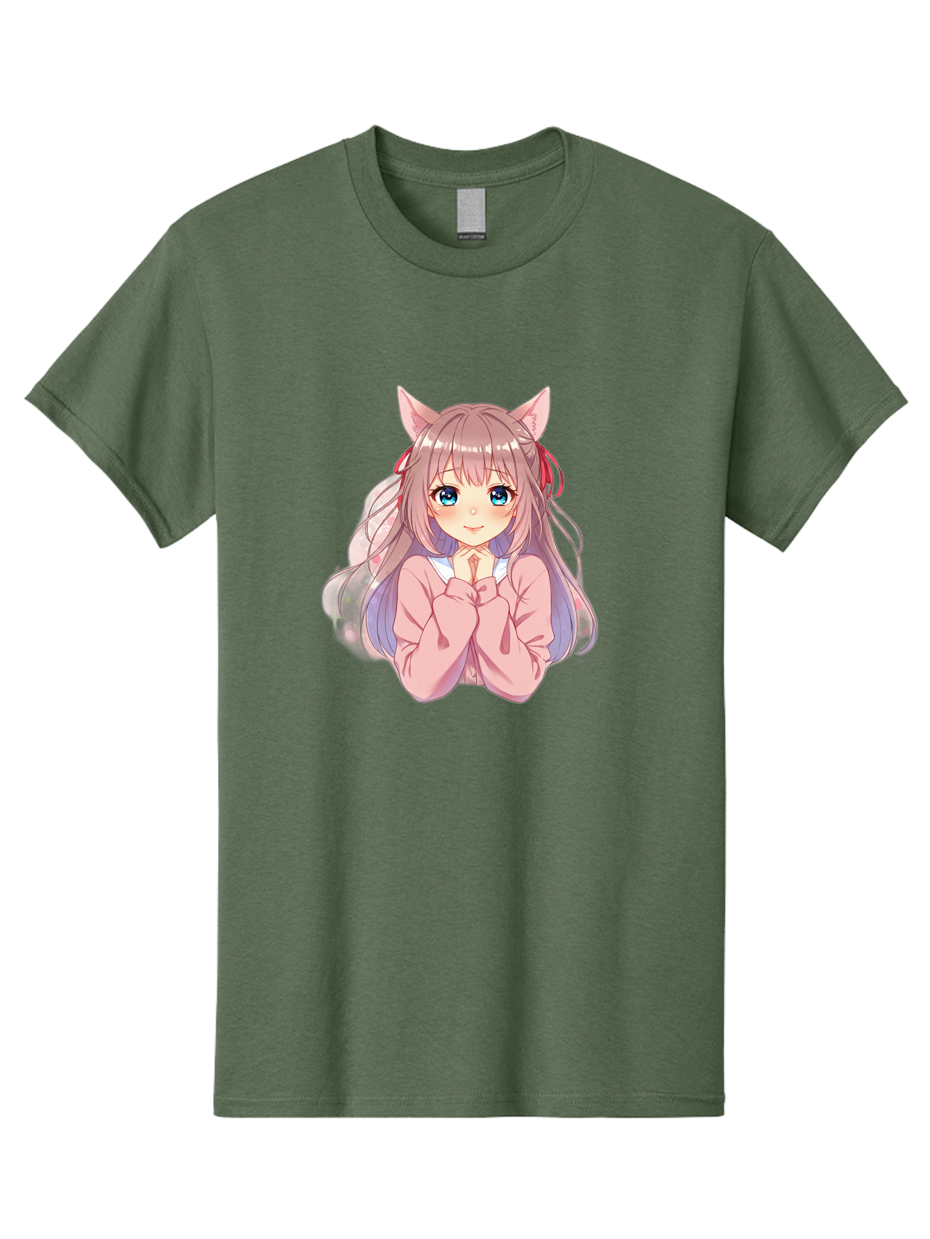 Cat-Girl-Anime-Character Men'S Graphic Tee, 100% Cotton, Comfortable Casual Summer Wear, Machine Washable, Anime Girl, Cat Ears, Pink Sweater, Blue Eyes, Long Hair, Cute Expression, Kawaii Art, Pastel Colors, Cartoon Character, Japanese Manga Bab722
