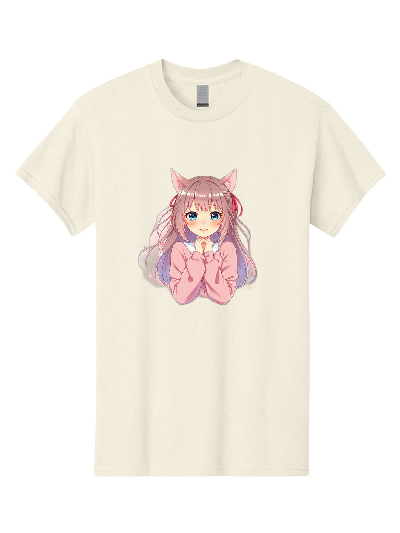 Cat-Girl-Anime-Character Men'S Graphic Tee, 100% Cotton, Comfortable Casual Summer Wear, Machine Washable, Anime Girl, Cat Ears, Pink Sweater, Blue Eyes, Long Hair, Cute Expression, Kawaii Art, Pastel Colors, Cartoon Character, Japanese Manga Bab722