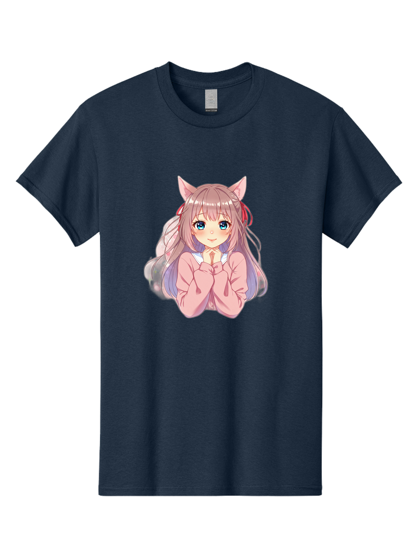 Cat-Girl-Anime-Character Men'S Graphic Tee, 100% Cotton, Comfortable Casual Summer Wear, Machine Washable, Anime Girl, Cat Ears, Pink Sweater, Blue Eyes, Long Hair, Cute Expression, Kawaii Art, Pastel Colors, Cartoon Character, Japanese Manga Bab722