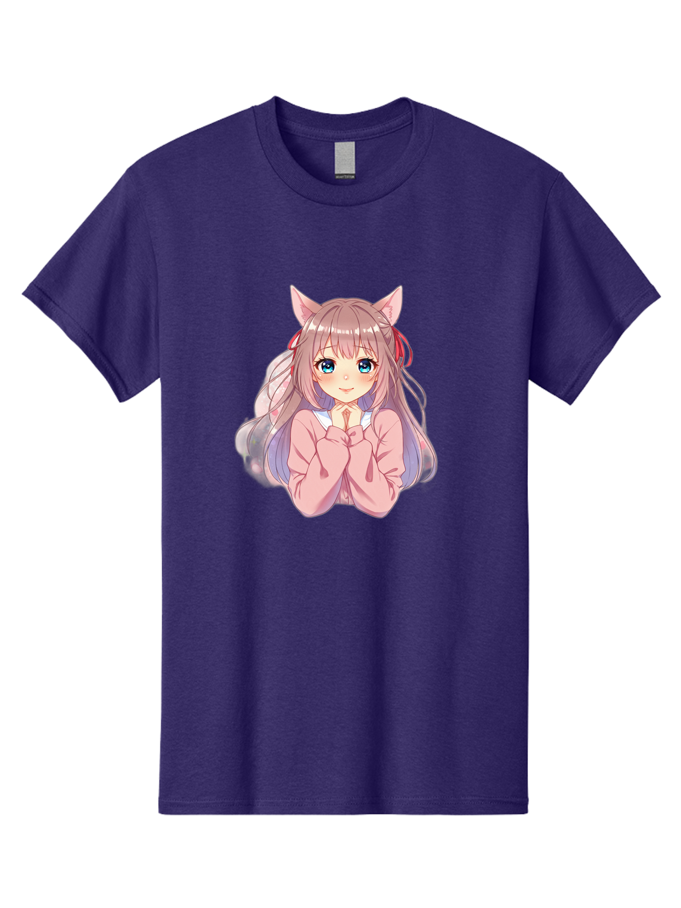Cat-Girl-Anime-Character Men'S Graphic Tee, 100% Cotton, Comfortable Casual Summer Wear, Machine Washable, Anime Girl, Cat Ears, Pink Sweater, Blue Eyes, Long Hair, Cute Expression, Kawaii Art, Pastel Colors, Cartoon Character, Japanese Manga Bab722
