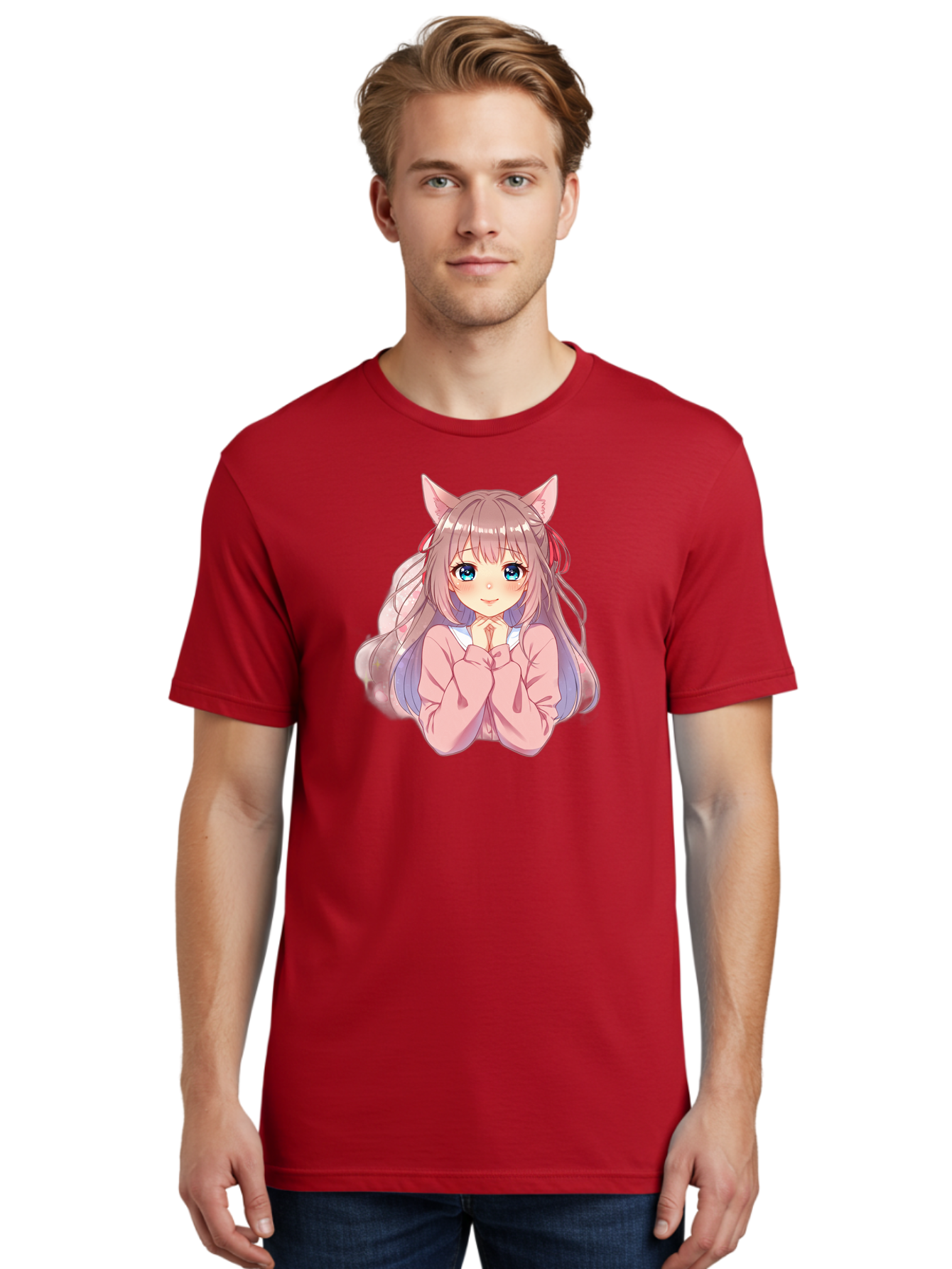 Cat-Girl-Anime-Character Men'S Graphic Tee, 100% Cotton, Comfortable Casual Summer Wear, Machine Washable, Anime Girl, Cat Ears, Pink Sweater, Blue Eyes, Long Hair, Cute Expression, Kawaii Art, Pastel Colors, Cartoon Character, Japanese Manga Bab722