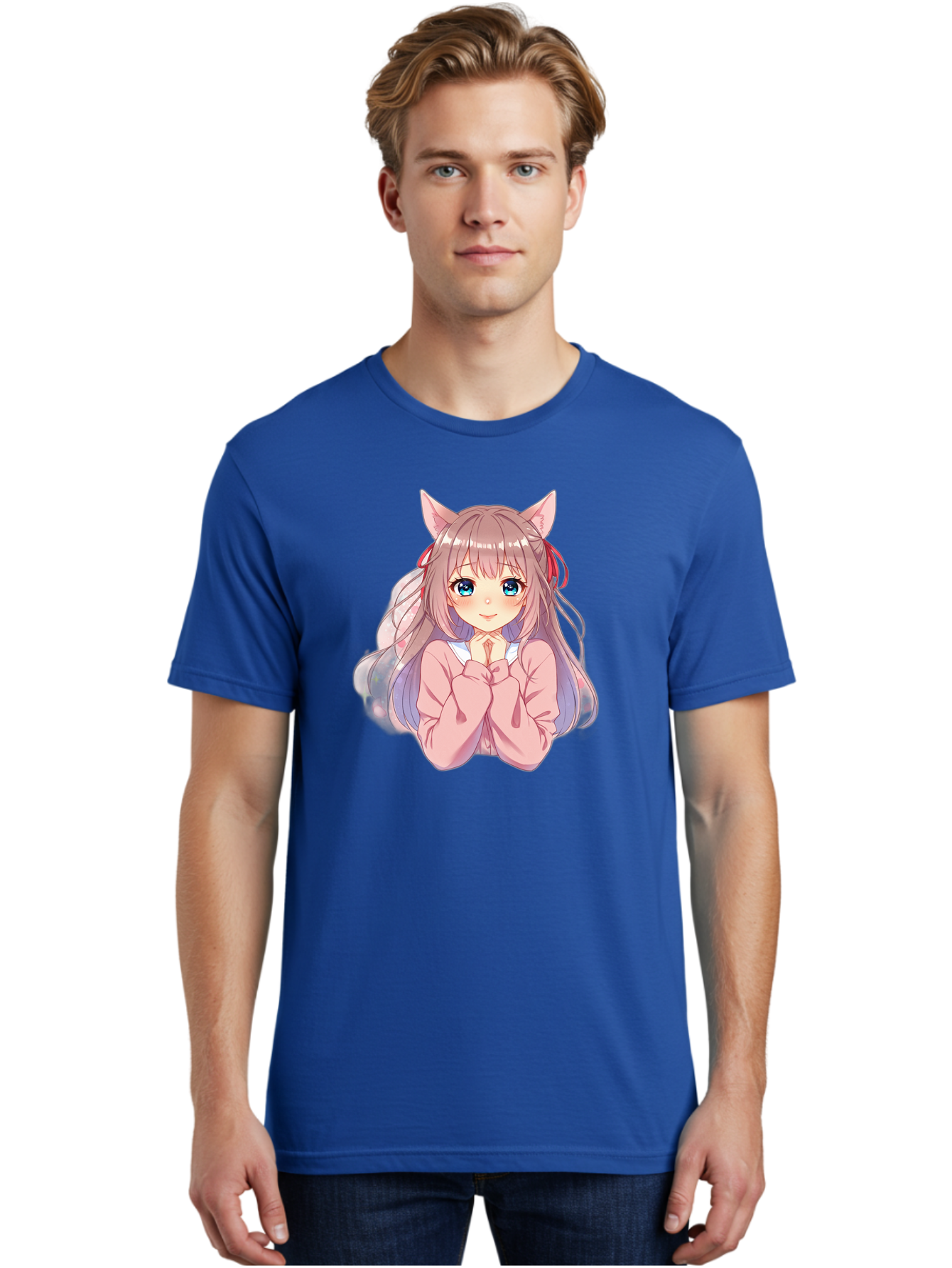 Cat-Girl-Anime-Character Men'S Graphic Tee, 100% Cotton, Comfortable Casual Summer Wear, Machine Washable, Anime Girl, Cat Ears, Pink Sweater, Blue Eyes, Long Hair, Cute Expression, Kawaii Art, Pastel Colors, Cartoon Character, Japanese Manga Bab722