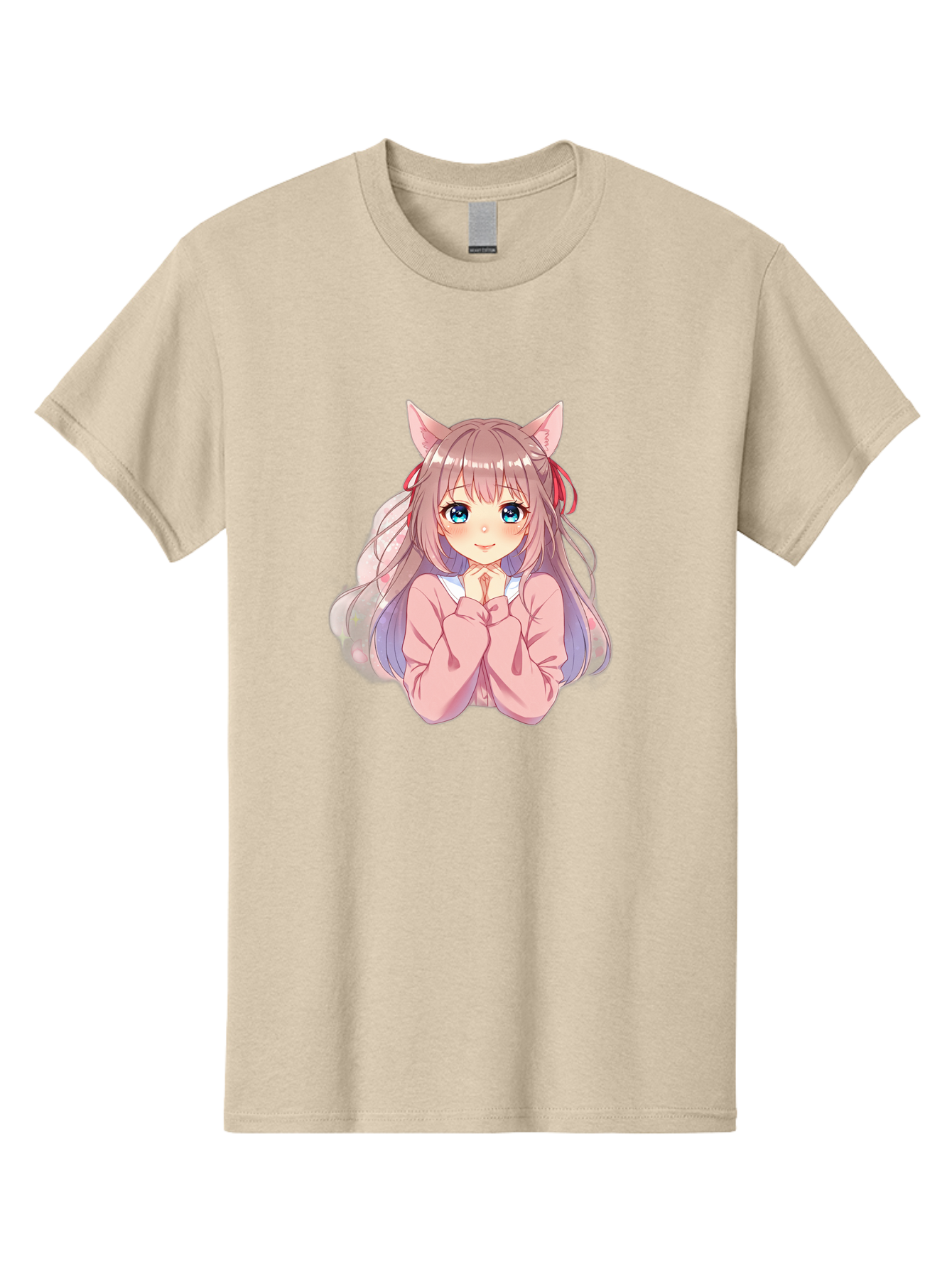 Cat-Girl-Anime-Character Men'S Graphic Tee, 100% Cotton, Comfortable Casual Summer Wear, Machine Washable, Anime Girl, Cat Ears, Pink Sweater, Blue Eyes, Long Hair, Cute Expression, Kawaii Art, Pastel Colors, Cartoon Character, Japanese Manga Bab722