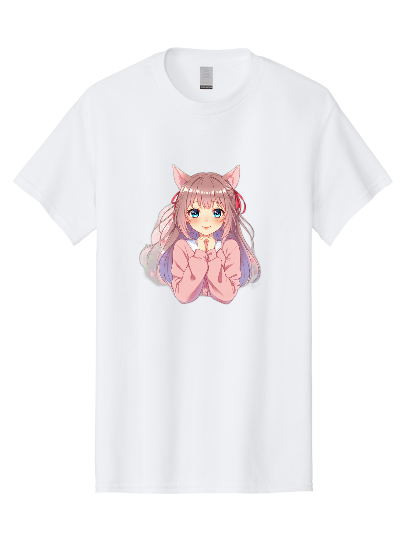 Cat-Girl-Anime-Character Men'S Graphic Tee, 100% Cotton, Comfortable Casual Summer Wear, Machine Washable, Anime Girl, Cat Ears, Pink Sweater, Blue Eyes, Long Hair, Cute Expression, Kawaii Art, Pastel Colors, Cartoon Character, Japanese Manga Bab722