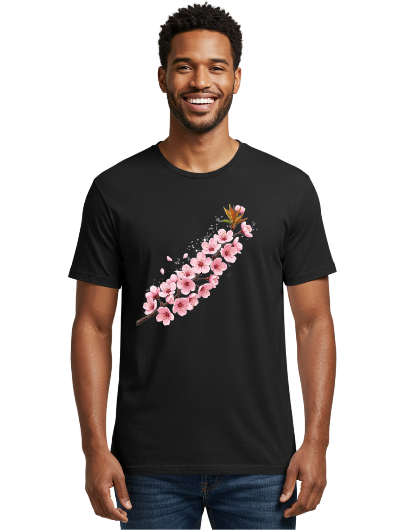 Cherry-Blossom-Branch Men'S Graphic Tee, 100% Cotton, Comfortable Casual Summer Wear, Machine Washable, Cherry Blossom Flowers, Pink Petals, Falling Petals, Floral Arrangement, Delicate Blooms, Spring Flowers, Soft Pink Hues, Flower Branch Bab732