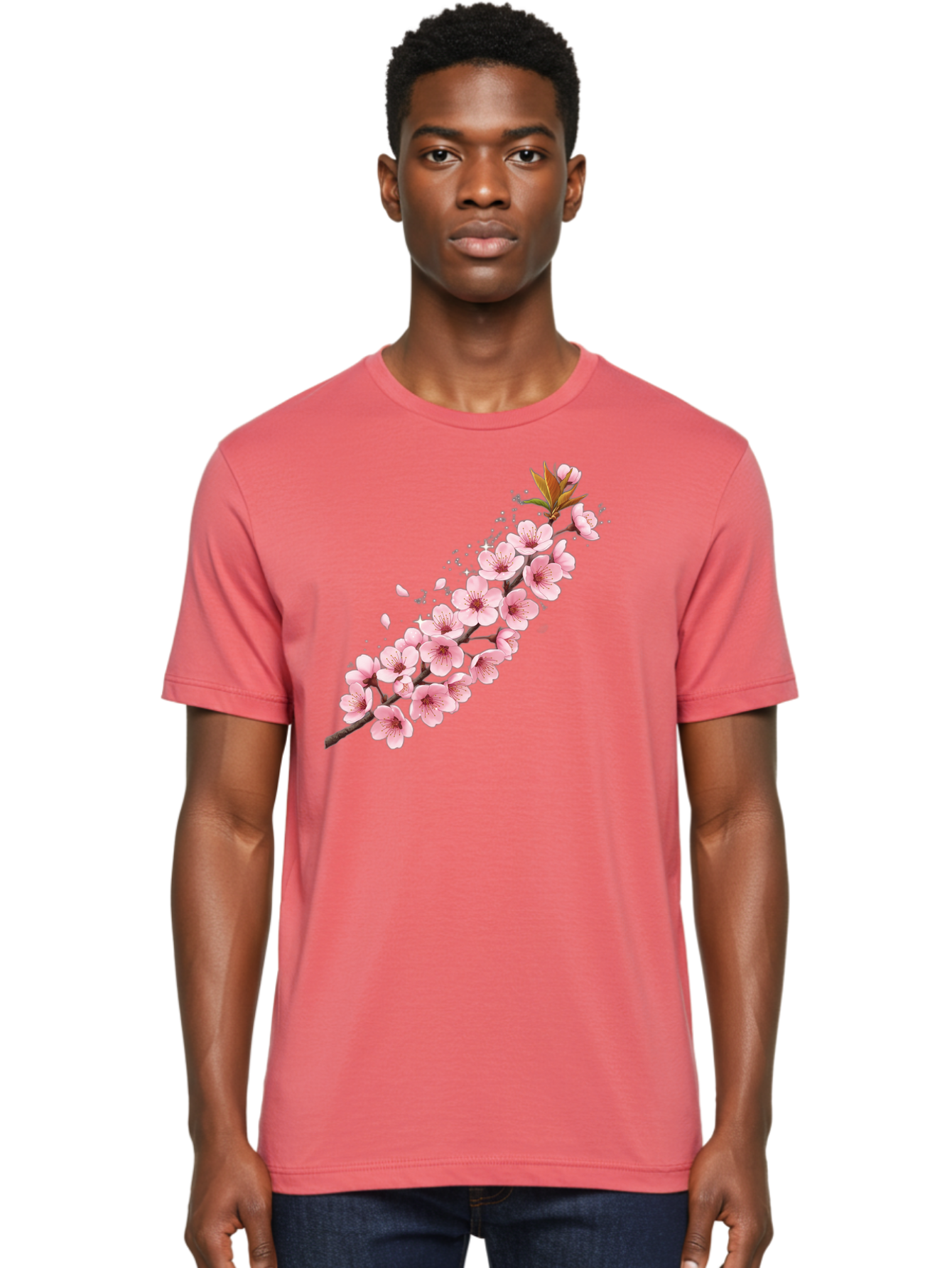 Cherry-Blossom-Branch Men'S Graphic Tee, 100% Cotton, Comfortable Casual Summer Wear, Machine Washable, Cherry Blossom Flowers, Pink Petals, Falling Petals, Floral Arrangement, Delicate Blooms, Spring Flowers, Soft Pink Hues, Flower Branch Bab732
