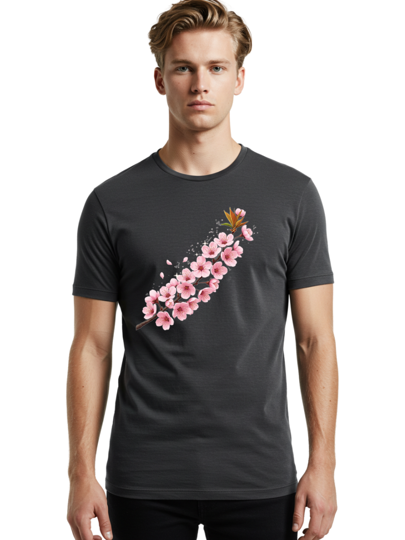 Cherry-Blossom-Branch Men'S Graphic Tee, 100% Cotton, Comfortable Casual Summer Wear, Machine Washable, Cherry Blossom Flowers, Pink Petals, Falling Petals, Floral Arrangement, Delicate Blooms, Spring Flowers, Soft Pink Hues, Flower Branch Bab732