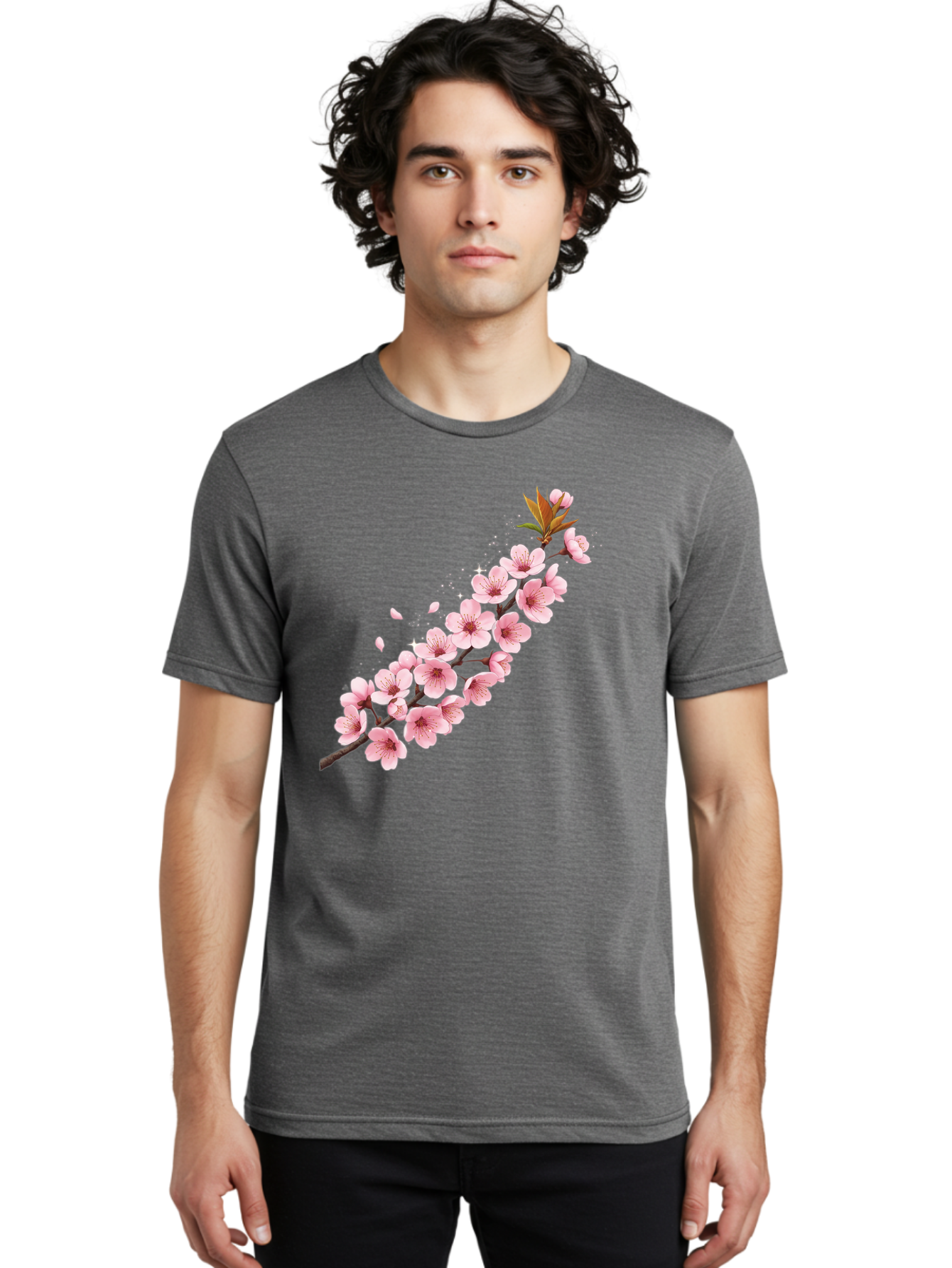 Cherry-Blossom-Branch Men'S Graphic Tee, 100% Cotton, Comfortable Casual Summer Wear, Machine Washable, Cherry Blossom Flowers, Pink Petals, Falling Petals, Floral Arrangement, Delicate Blooms, Spring Flowers, Soft Pink Hues, Flower Branch Bab732