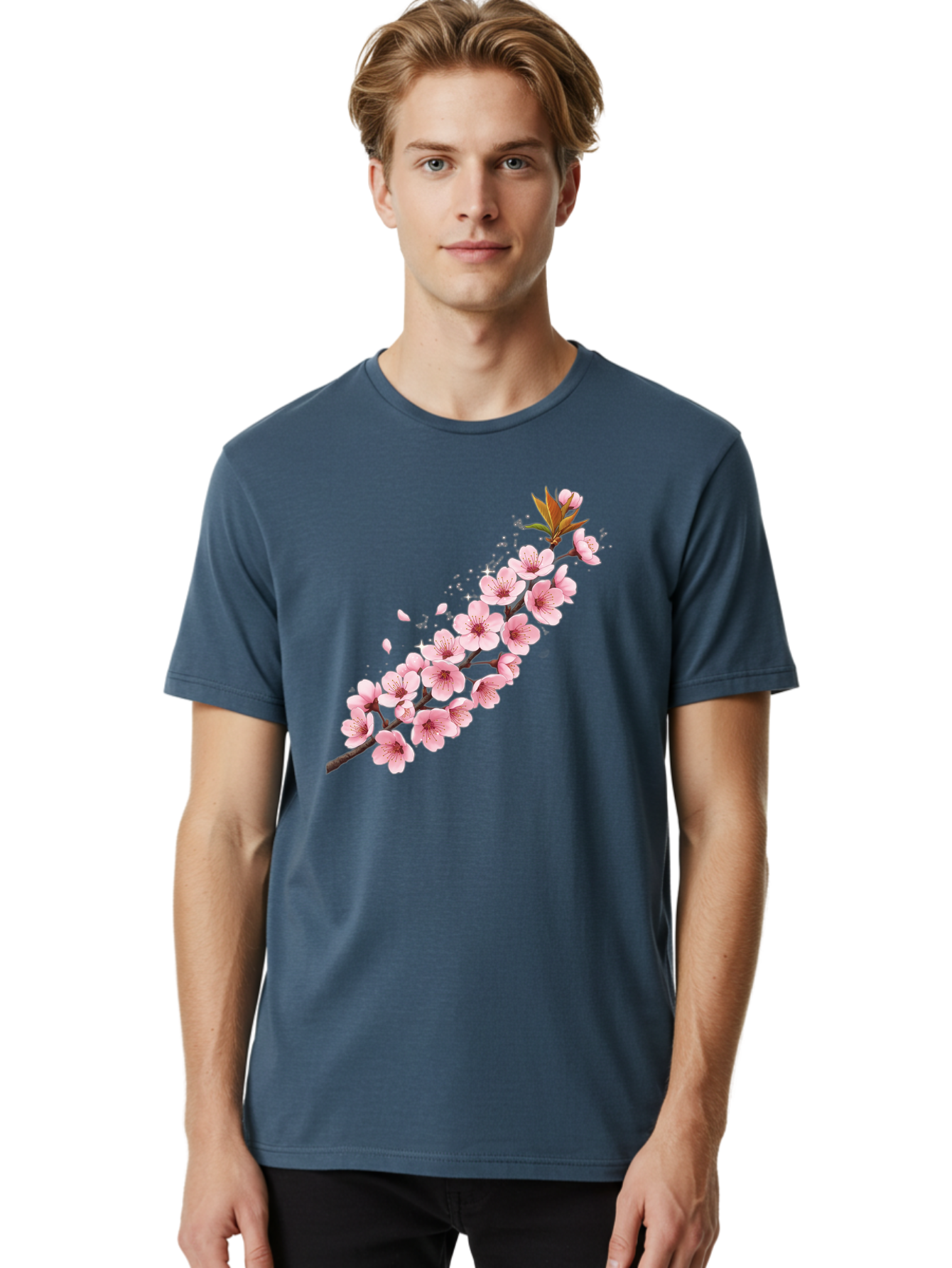 Cherry-Blossom-Branch Men'S Graphic Tee, 100% Cotton, Comfortable Casual Summer Wear, Machine Washable, Cherry Blossom Flowers, Pink Petals, Falling Petals, Floral Arrangement, Delicate Blooms, Spring Flowers, Soft Pink Hues, Flower Branch Bab732