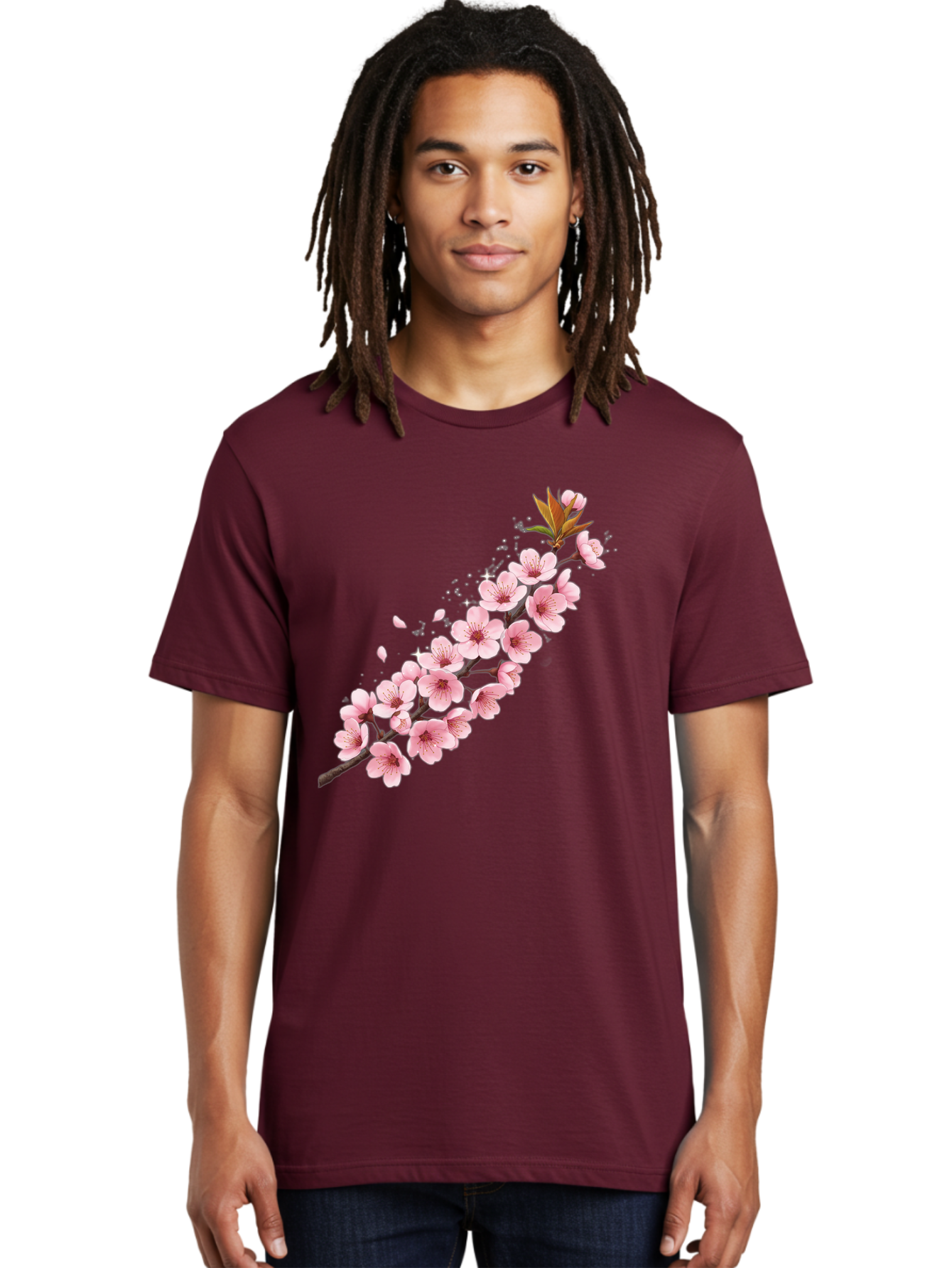 Cherry-Blossom-Branch Men'S Graphic Tee, 100% Cotton, Comfortable Casual Summer Wear, Machine Washable, Cherry Blossom Flowers, Pink Petals, Falling Petals, Floral Arrangement, Delicate Blooms, Spring Flowers, Soft Pink Hues, Flower Branch Bab732