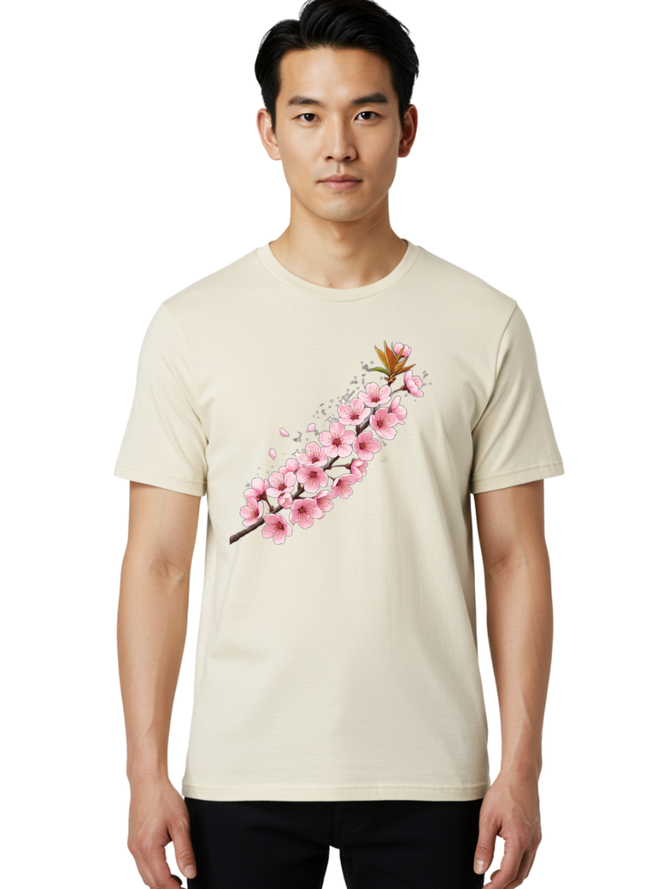 Cherry-Blossom-Branch Men'S Graphic Tee, 100% Cotton, Comfortable Casual Summer Wear, Machine Washable, Cherry Blossom Flowers, Pink Petals, Falling Petals, Floral Arrangement, Delicate Blooms, Spring Flowers, Soft Pink Hues, Flower Branch Bab732