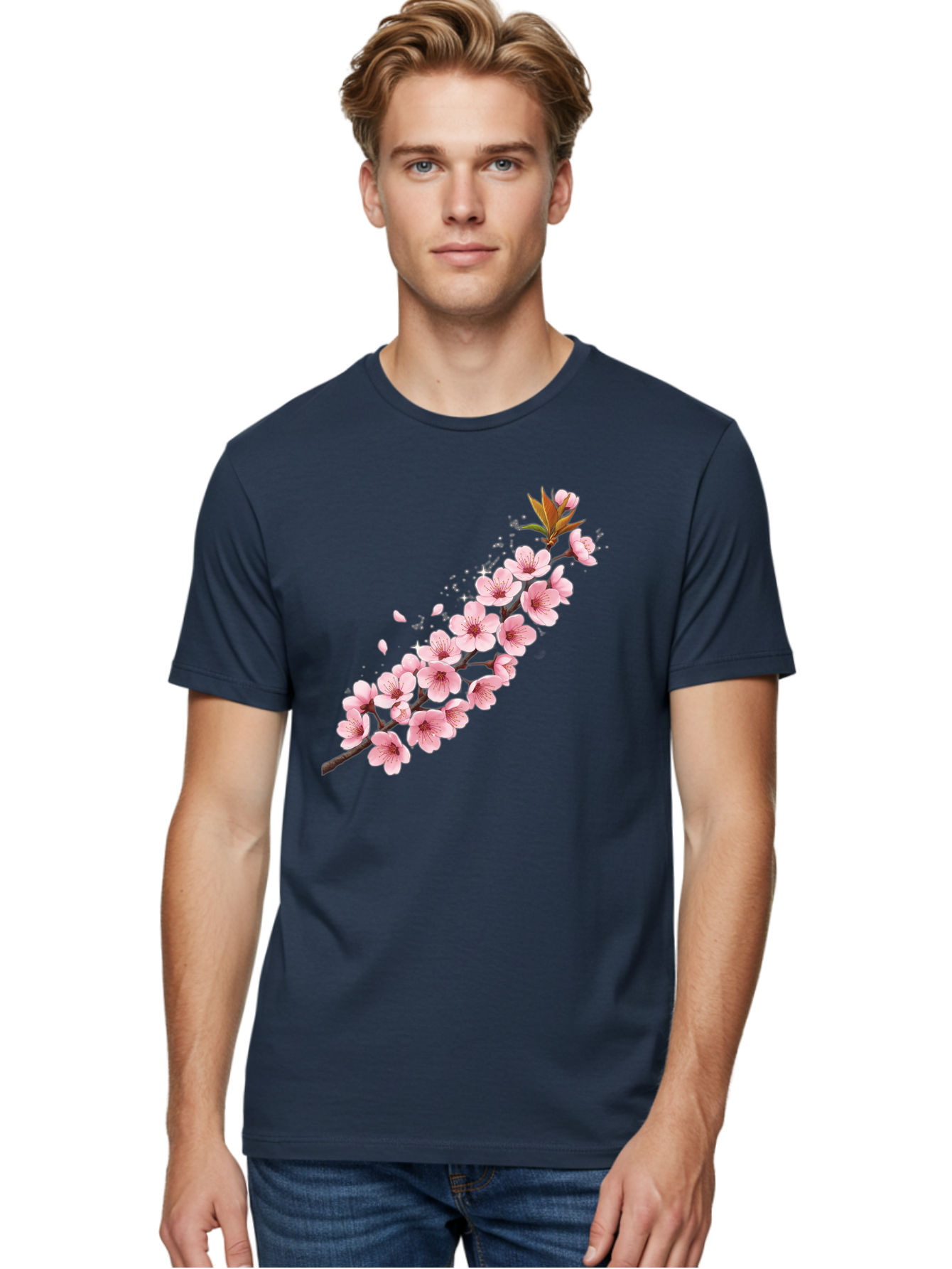 Cherry-Blossom-Branch Men'S Graphic Tee, 100% Cotton, Comfortable Casual Summer Wear, Machine Washable, Cherry Blossom Flowers, Pink Petals, Falling Petals, Floral Arrangement, Delicate Blooms, Spring Flowers, Soft Pink Hues, Flower Branch Bab732