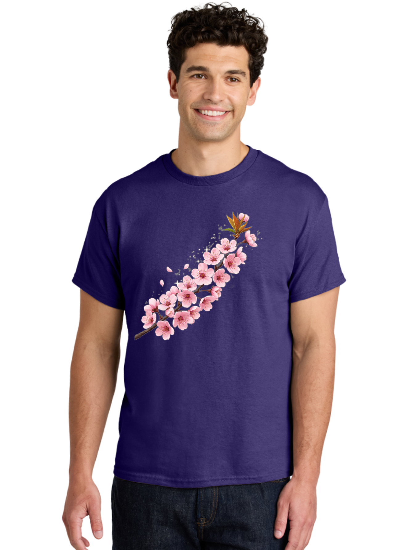 Cherry-Blossom-Branch Men'S Graphic Tee, 100% Cotton, Comfortable Casual Summer Wear, Machine Washable, Cherry Blossom Flowers, Pink Petals, Falling Petals, Floral Arrangement, Delicate Blooms, Spring Flowers, Soft Pink Hues, Flower Branch Bab732