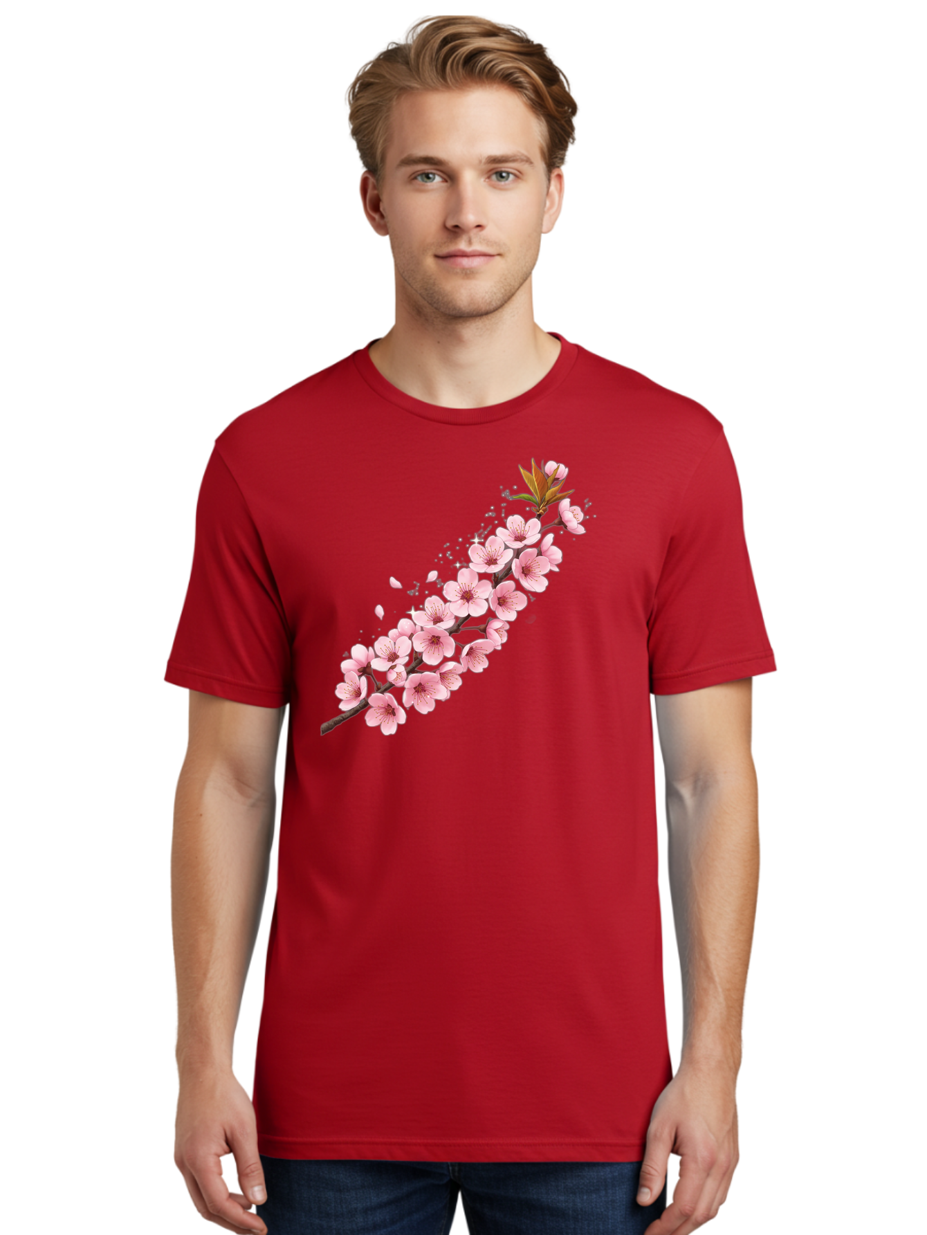 Cherry-Blossom-Branch Men'S Graphic Tee, 100% Cotton, Comfortable Casual Summer Wear, Machine Washable, Cherry Blossom Flowers, Pink Petals, Falling Petals, Floral Arrangement, Delicate Blooms, Spring Flowers, Soft Pink Hues, Flower Branch Bab732