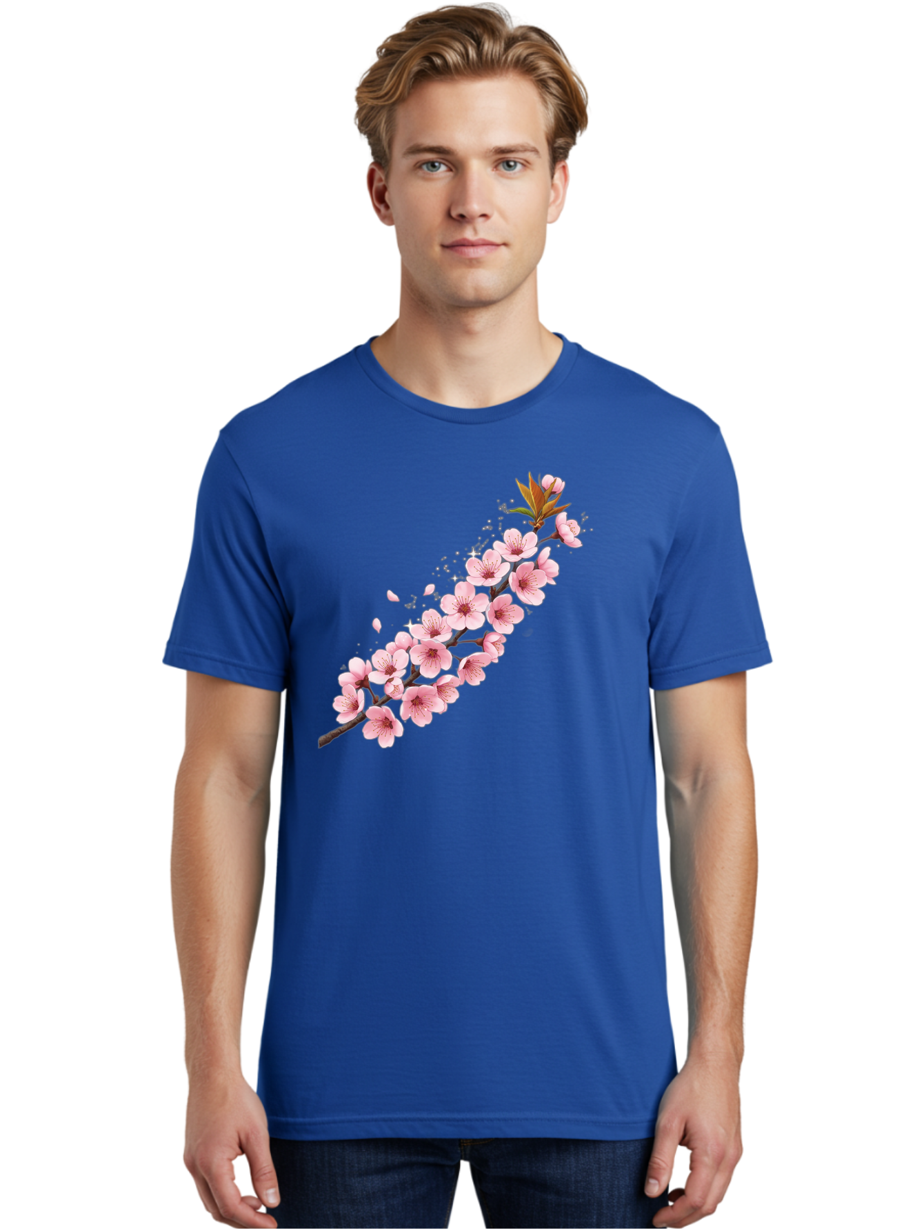 Cherry-Blossom-Branch Men'S Graphic Tee, 100% Cotton, Comfortable Casual Summer Wear, Machine Washable, Cherry Blossom Flowers, Pink Petals, Falling Petals, Floral Arrangement, Delicate Blooms, Spring Flowers, Soft Pink Hues, Flower Branch Bab732