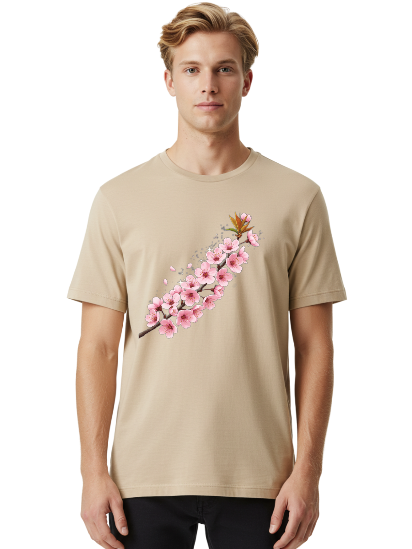 Cherry-Blossom-Branch Men'S Graphic Tee, 100% Cotton, Comfortable Casual Summer Wear, Machine Washable, Cherry Blossom Flowers, Pink Petals, Falling Petals, Floral Arrangement, Delicate Blooms, Spring Flowers, Soft Pink Hues, Flower Branch Bab732