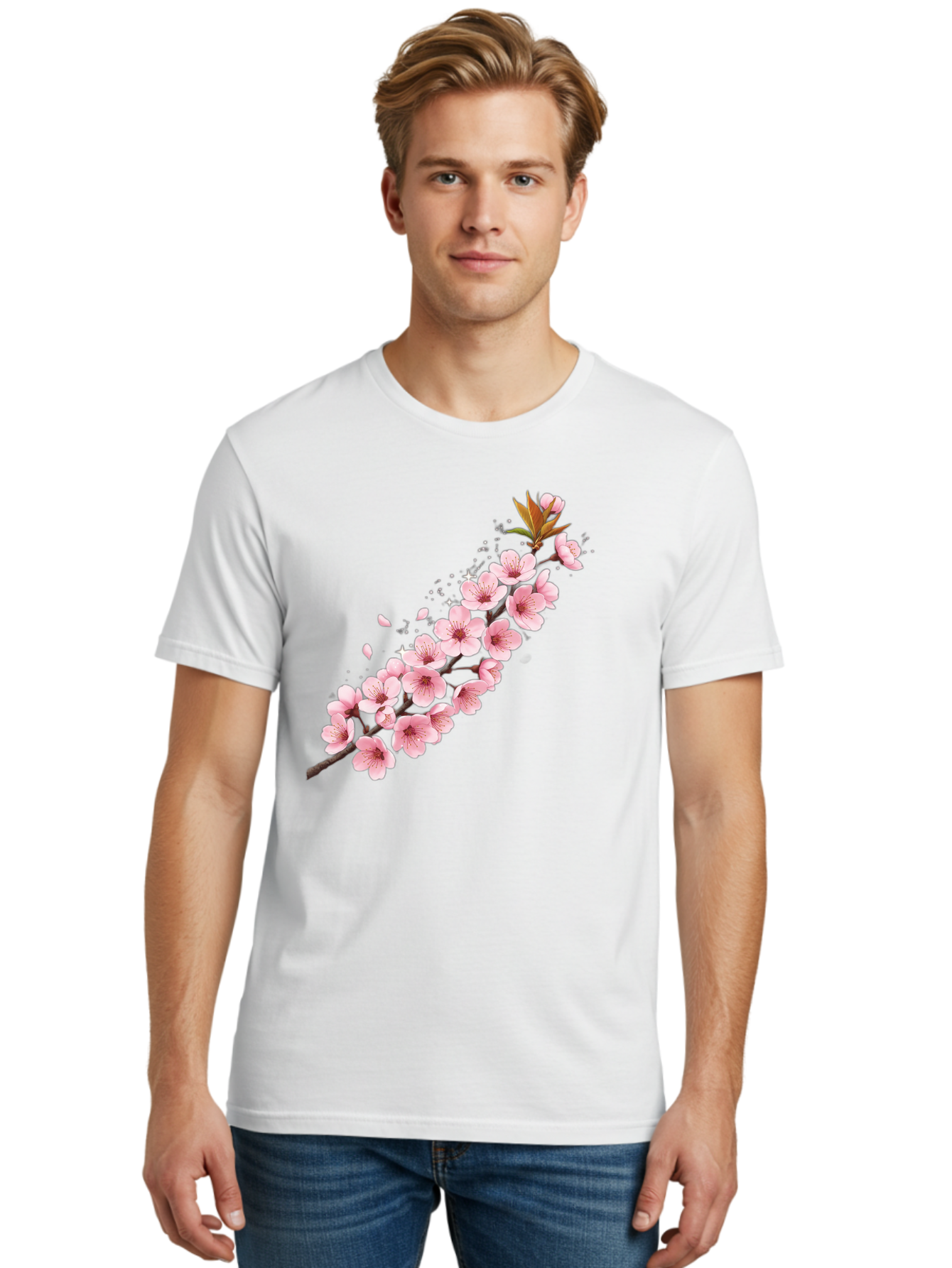 Cherry-Blossom-Branch Men'S Graphic Tee, 100% Cotton, Comfortable Casual Summer Wear, Machine Washable, Cherry Blossom Flowers, Pink Petals, Falling Petals, Floral Arrangement, Delicate Blooms, Spring Flowers, Soft Pink Hues, Flower Branch Bab732