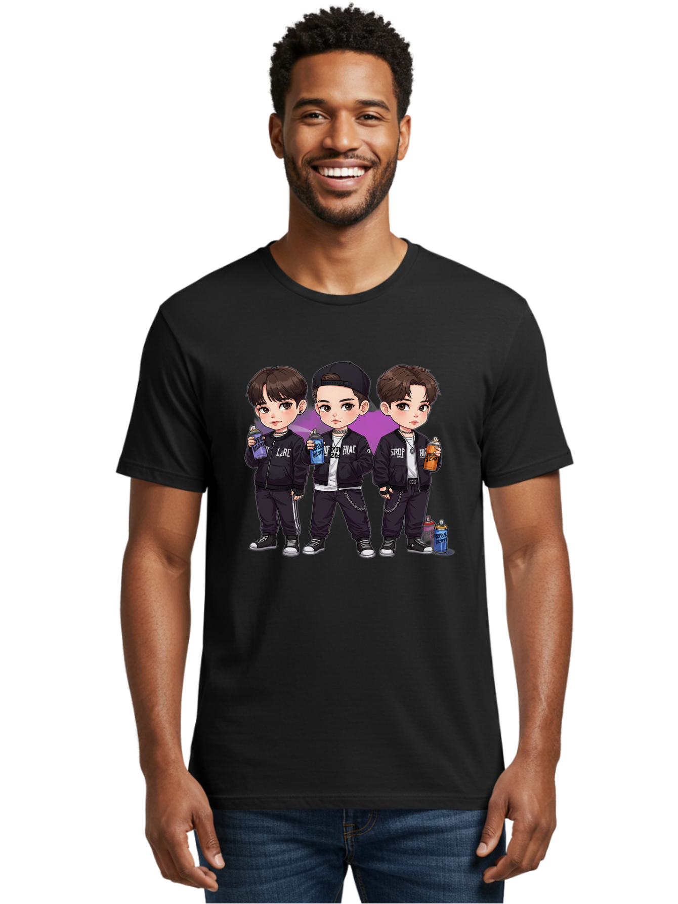 Chibi-Boys Men'S Graphic Tee, 100% Cotton, Comfortable Casual Summer Wear, Machine Washable, Three Boys In Black Jackets, Streetwear Fashion, Casual Style, Young Males, Holding Cans, Urban Look, Lrc, Hiac, Srof, Graffiti Style, Kawaii Art, Bab733