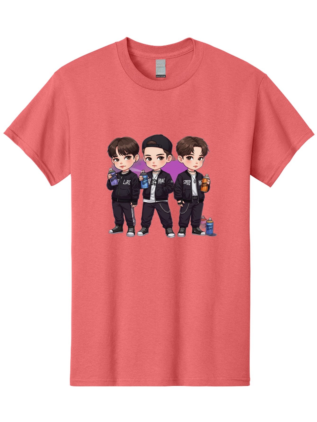 Chibi-Boys Men'S Graphic Tee, 100% Cotton, Comfortable Casual Summer Wear, Machine Washable, Three Boys In Black Jackets, Streetwear Fashion, Casual Style, Young Males, Holding Cans, Urban Look, Lrc, Hiac, Srof, Graffiti Style, Kawaii Art, Bab733