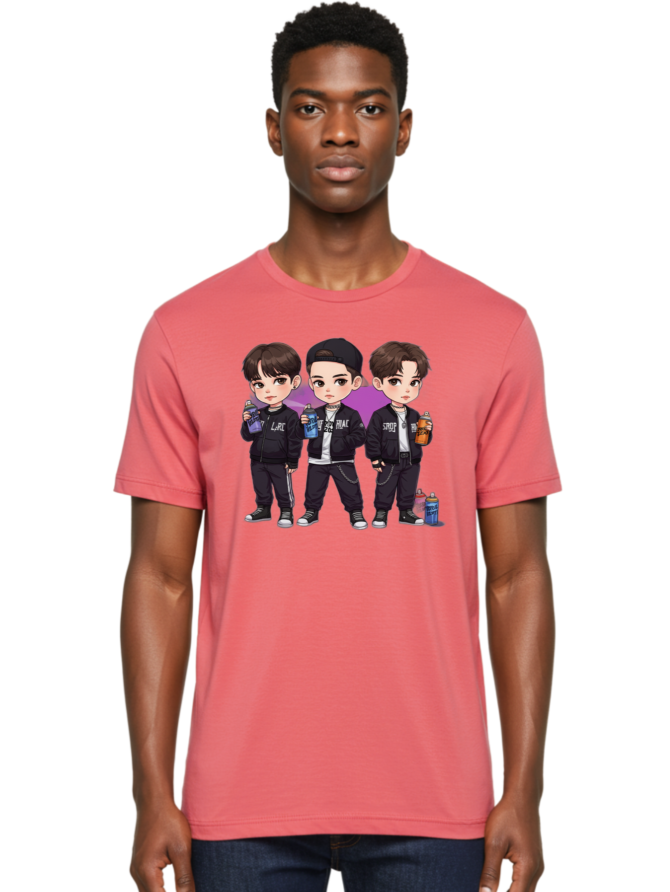 Chibi-Boys Men'S Graphic Tee, 100% Cotton, Comfortable Casual Summer Wear, Machine Washable, Three Boys In Black Jackets, Streetwear Fashion, Casual Style, Young Males, Holding Cans, Urban Look, Lrc, Hiac, Srof, Graffiti Style, Kawaii Art, Bab733