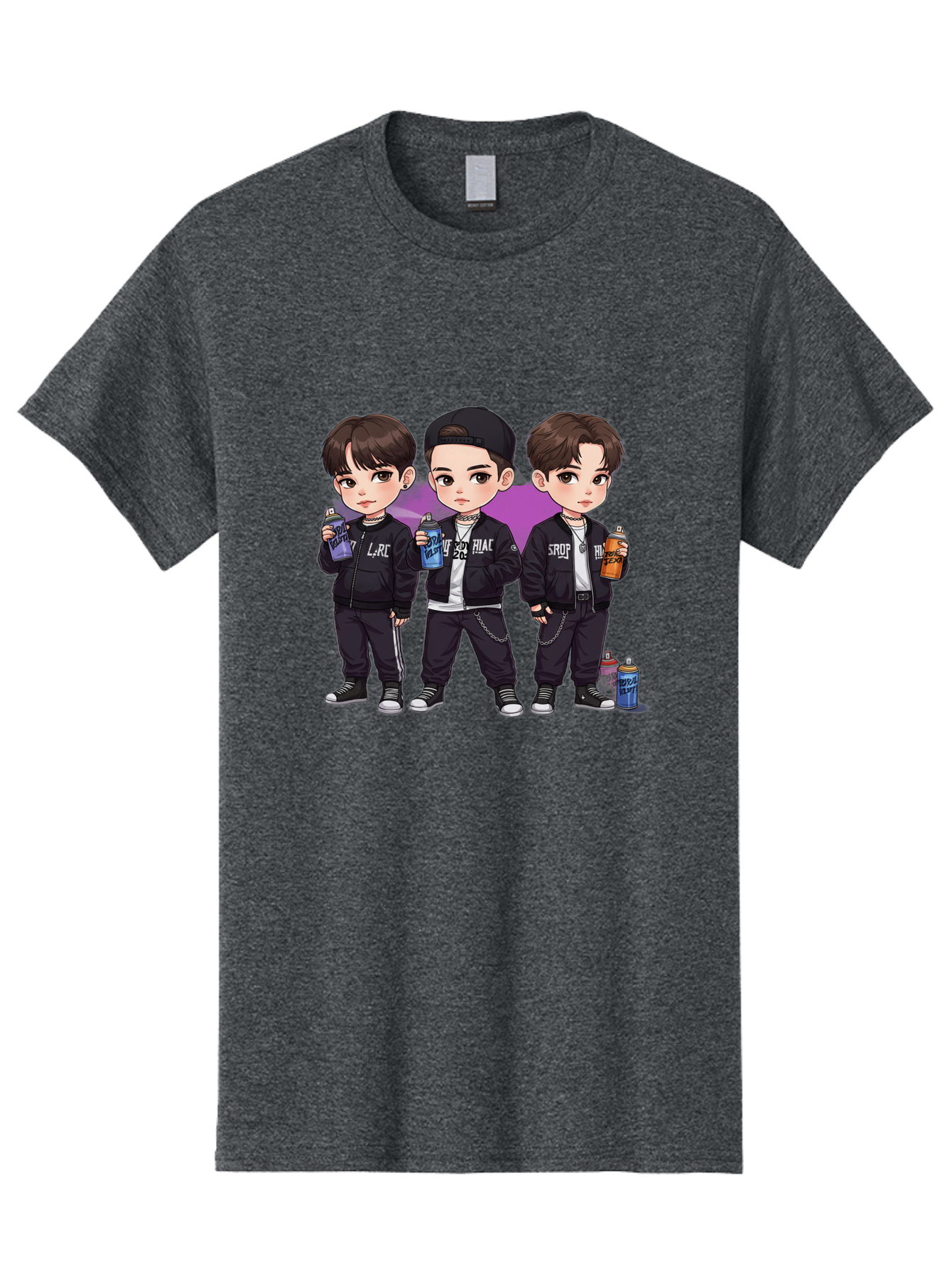 Chibi-Boys Men'S Graphic Tee, 100% Cotton, Comfortable Casual Summer Wear, Machine Washable, Three Boys In Black Jackets, Streetwear Fashion, Casual Style, Young Males, Holding Cans, Urban Look, Lrc, Hiac, Srof, Graffiti Style, Kawaii Art, Bab733